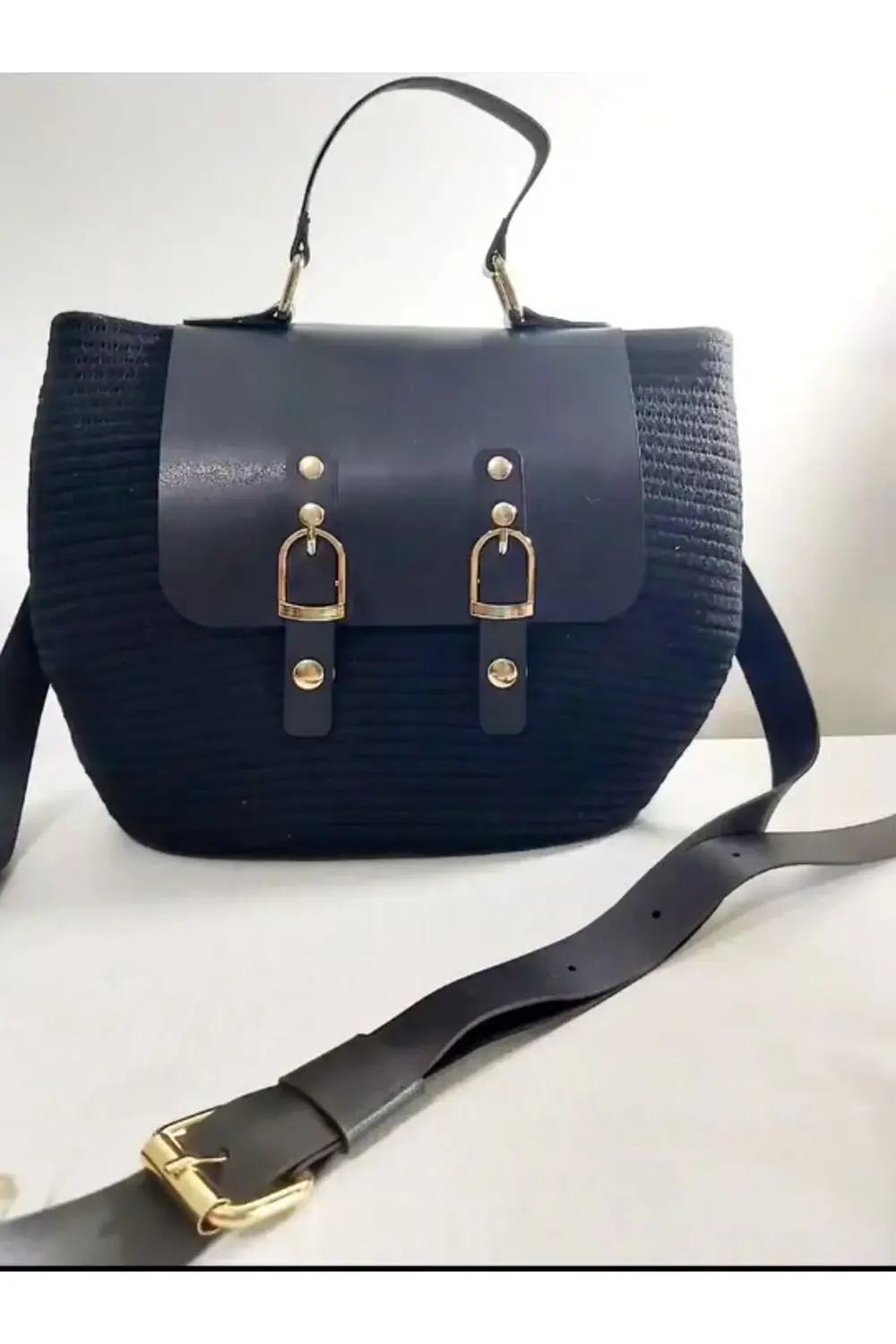 Deri detaylı el yapımı hasır el çantası kol çantası