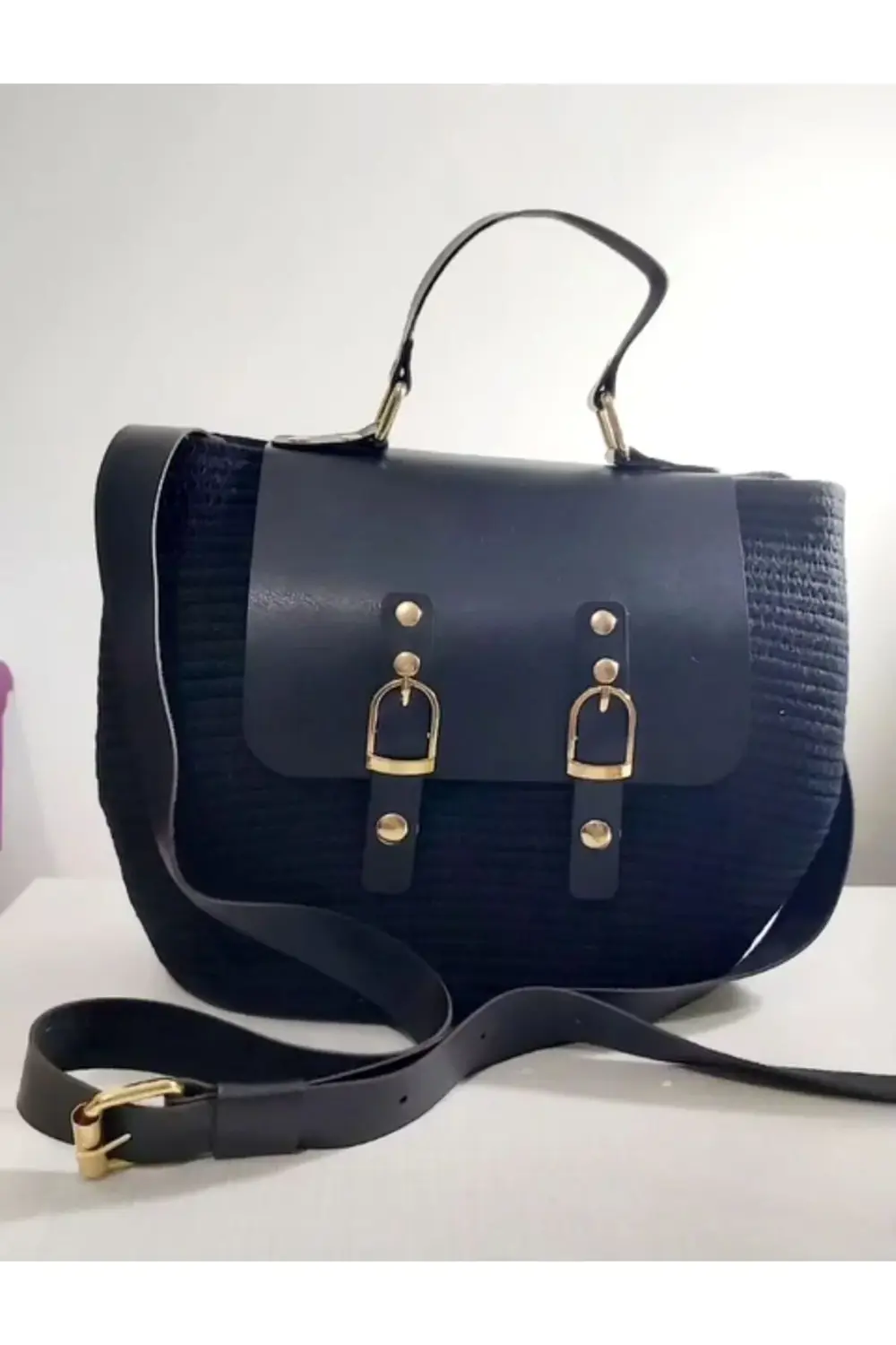 Deri detaylı el yapımı hasır el çantası kol çantası