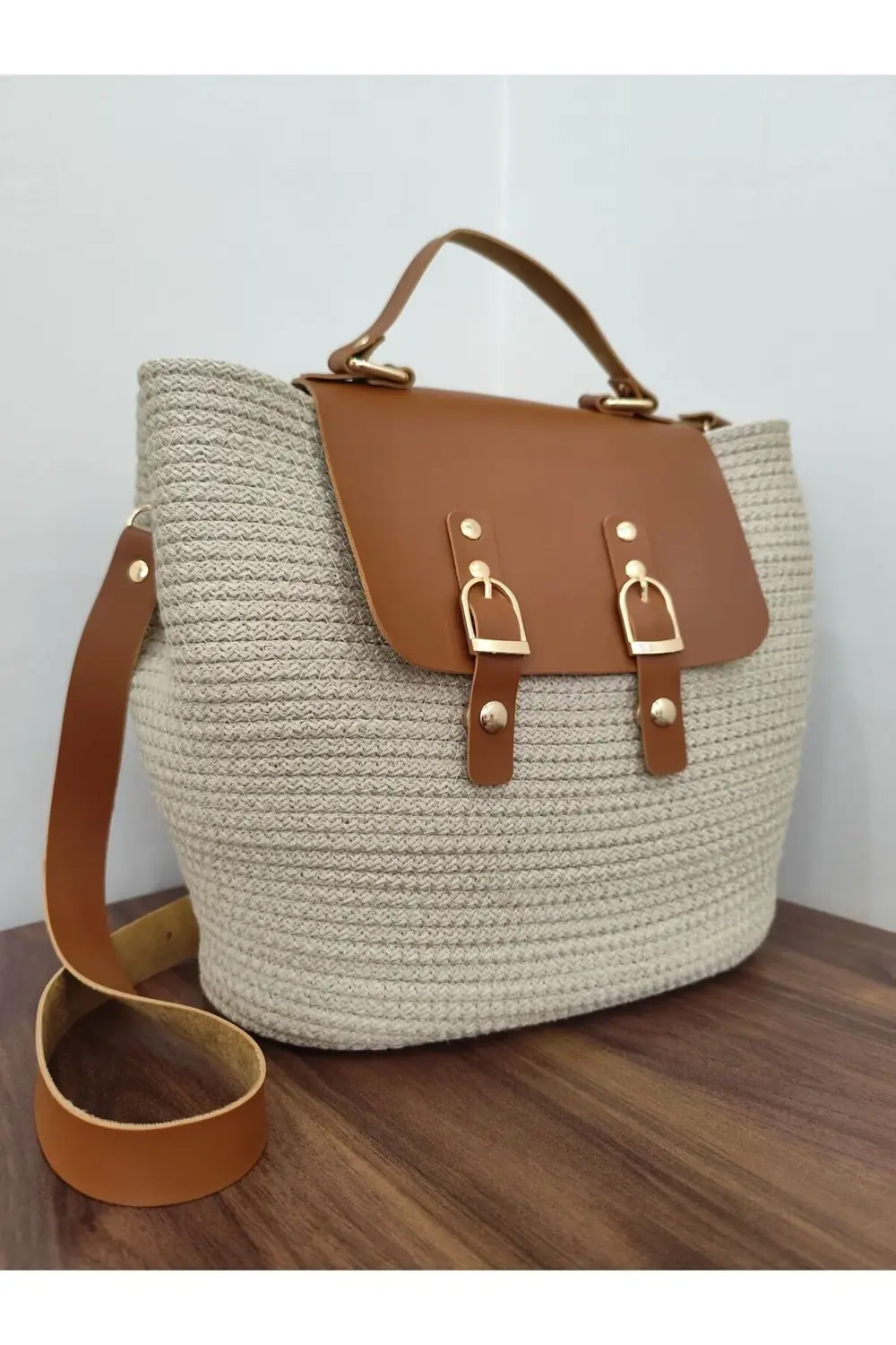 Deri detaylı el yapımı, hasır, kol çantası, omuz çantası, el çant