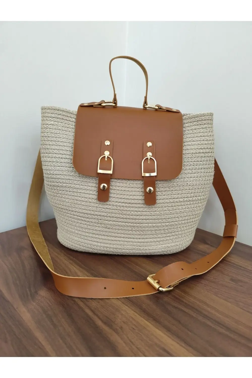 Deri detaylı el yapımı, hasır, kol çantası, omuz çantası, el çant