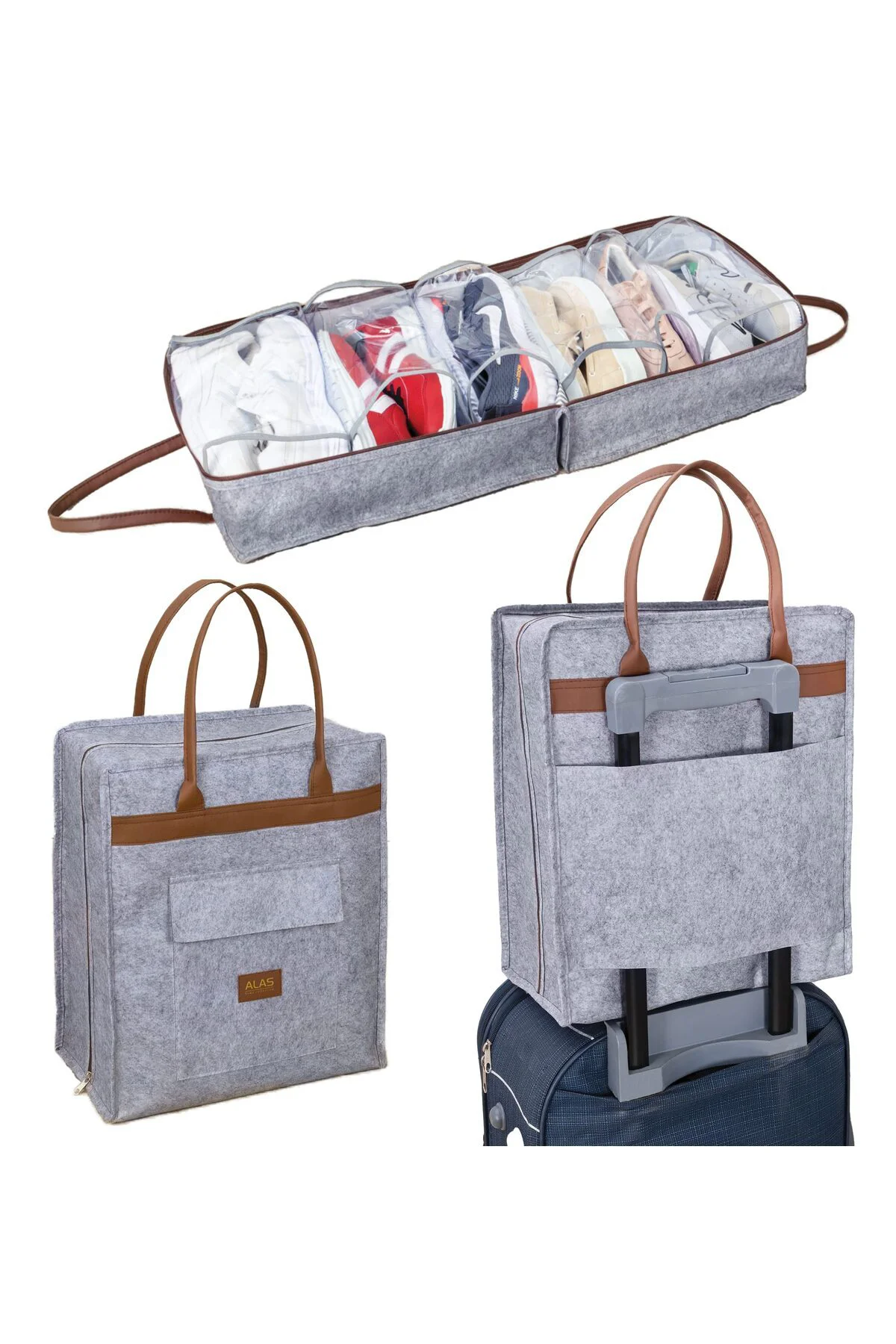 Deri Kulplu Ayakkabı Hurcu Seyehat Çantası Gri