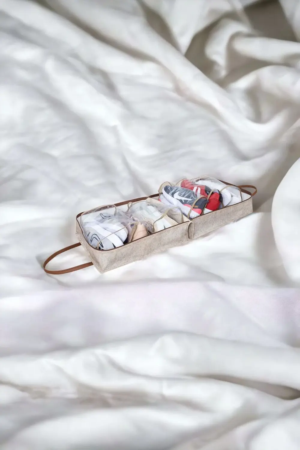 Deri Kulplu Keçe Ayakkabı Organizeri, Seyahat Çantası Uyumlu, 35x