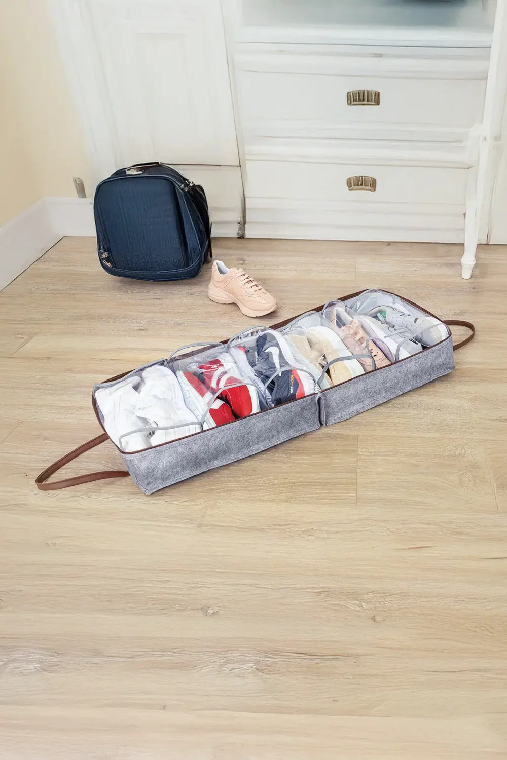 Deri Kulplu Keçe Ayakkabı Organizeri, Seyahat Çantası Uyumlu, 35x