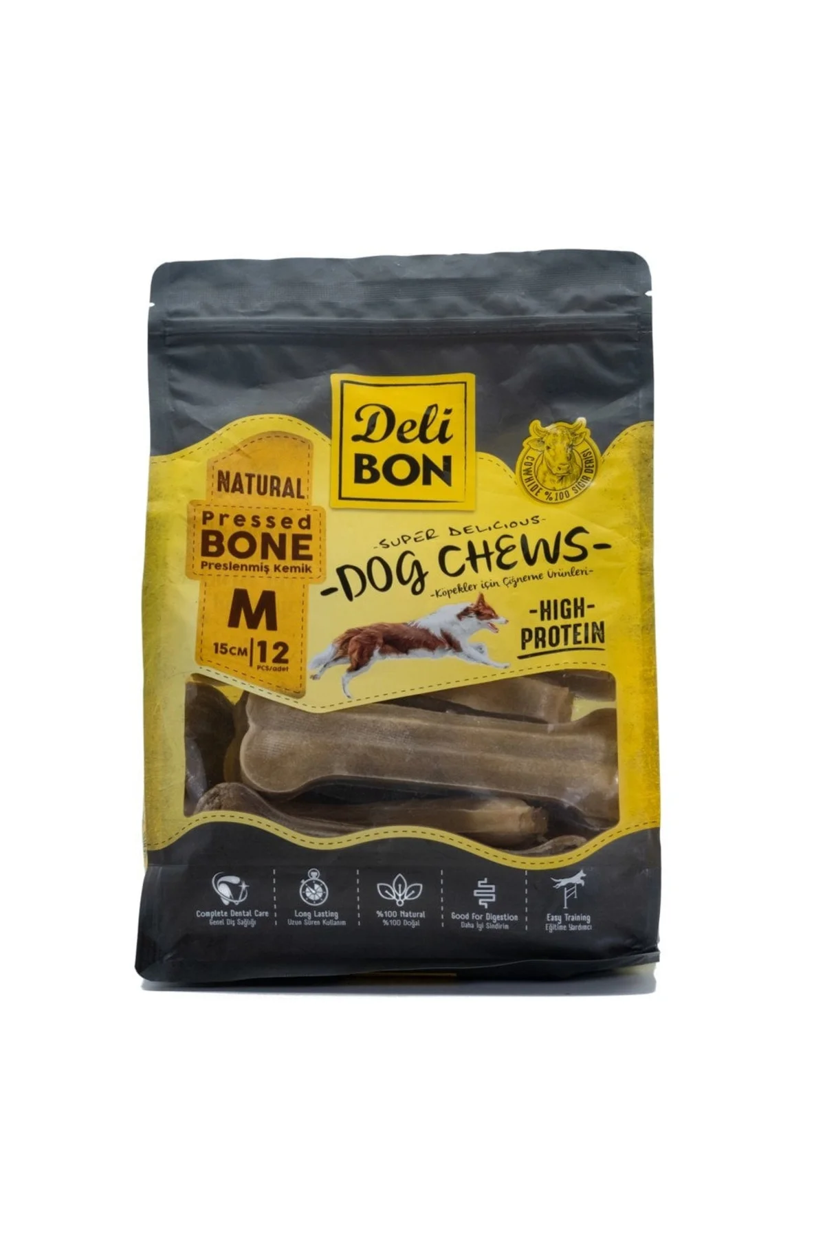 Deri Pres Kemik Köpek Ödülü Medium Naturel 15 Cm 12 Adet