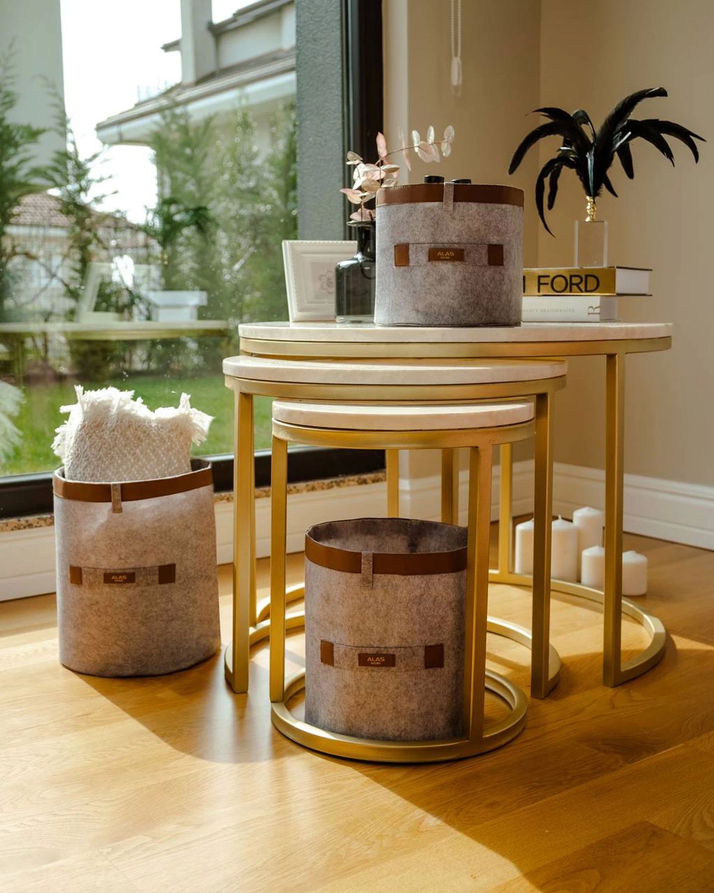 Deri Şeritli Yuvarlak Çok Amaçlı Düzenleyici Organizer Kutu Keçe