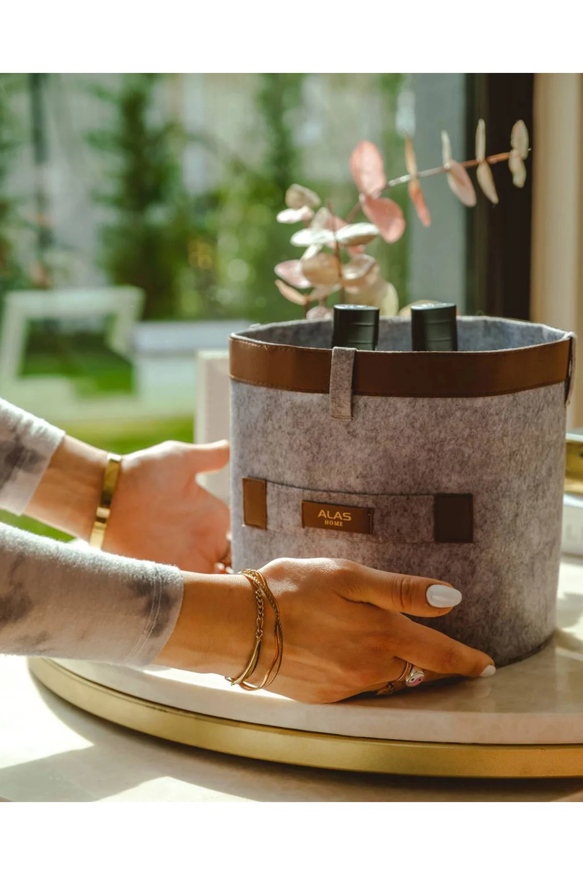 Deri Şeritli Yuvarlak Çok Amaçlı Düzenleyici Organizer Kutu Keçe 