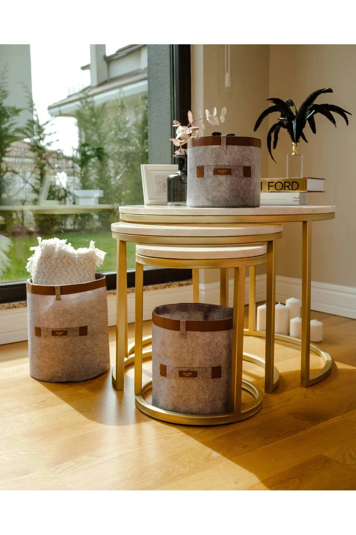 Deri Şeritli Yuvarlak Çok Amaçlı Düzenleyici Organizer Kutu Keçe