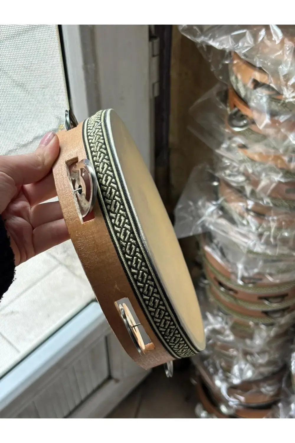 Deri Tef 22 cm Ahşap 6 Zilli Tef Orta Boy Kına Tefi 1 Adet