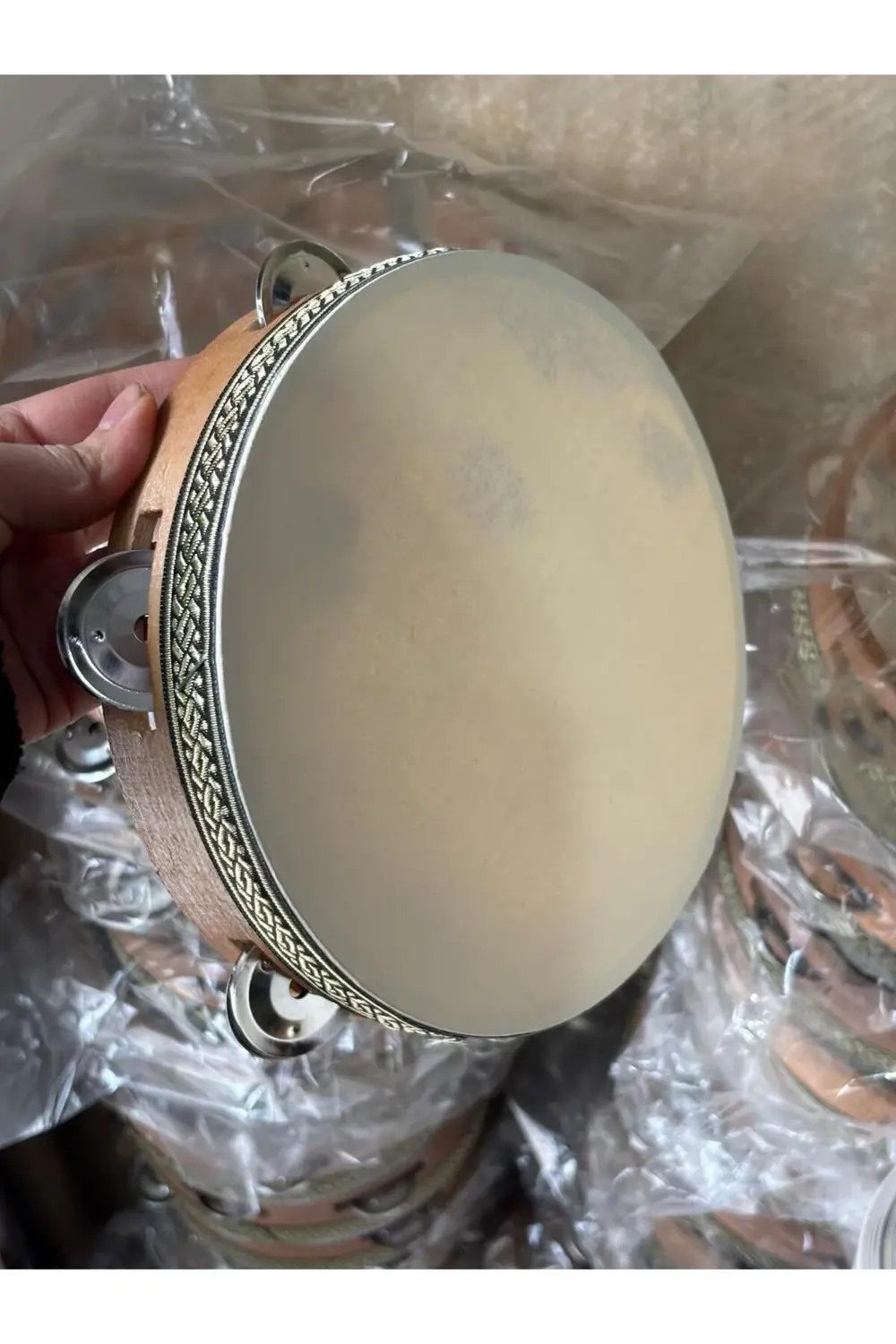 Deri Tef 22 cm Ahşap 6 Zilli Tef Orta Boy Kına Tefi 1 Adet