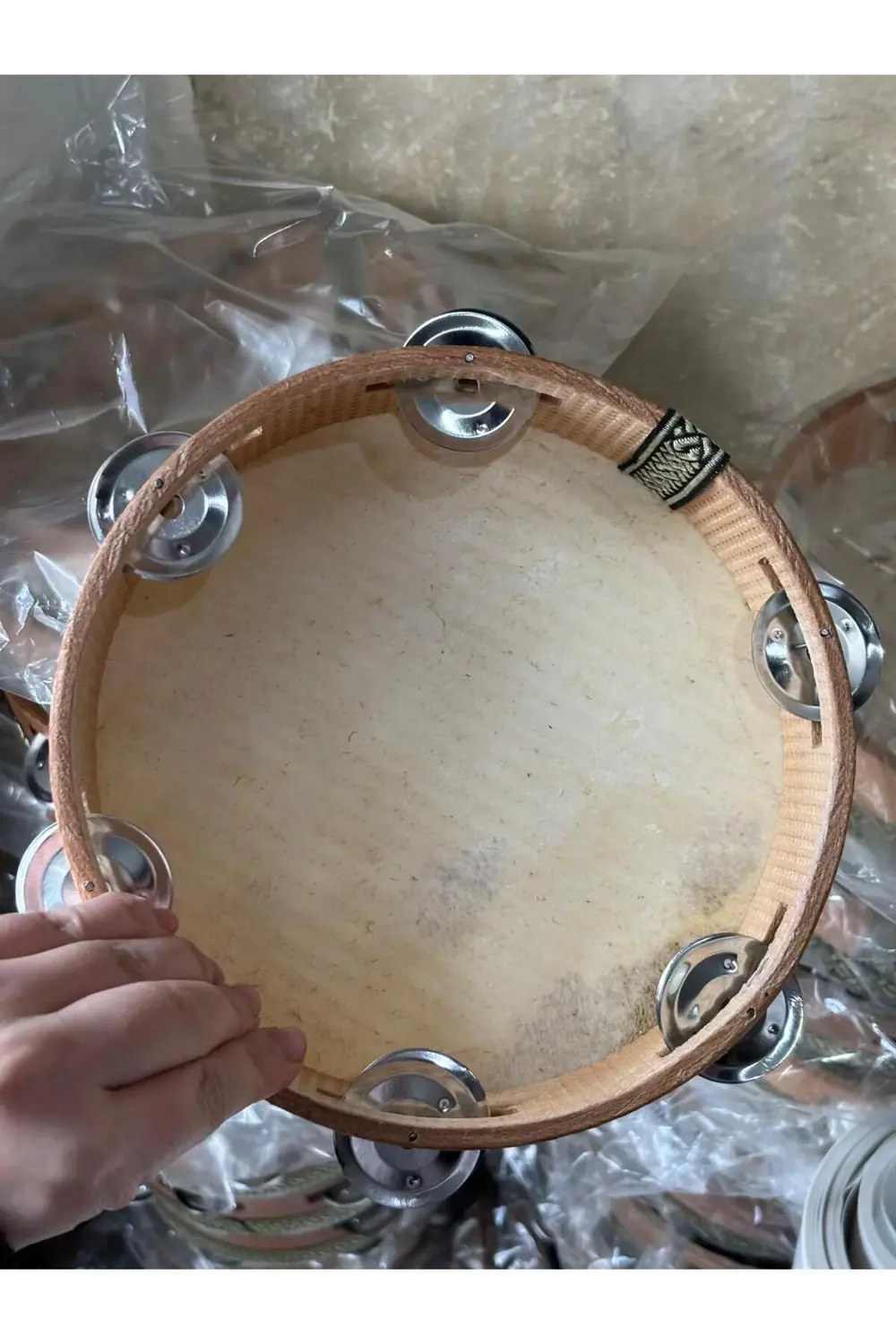 Deri Tef 22 cm Ahşap 6 Zilli Tef Orta Boy Kına Tefi 1 Adet