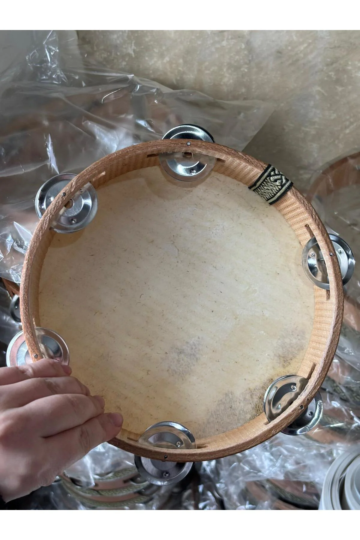 Deri Tef 22 cm Ahşap 6 Zilli Tef Orta Boy Kına Tefi 1 Adet