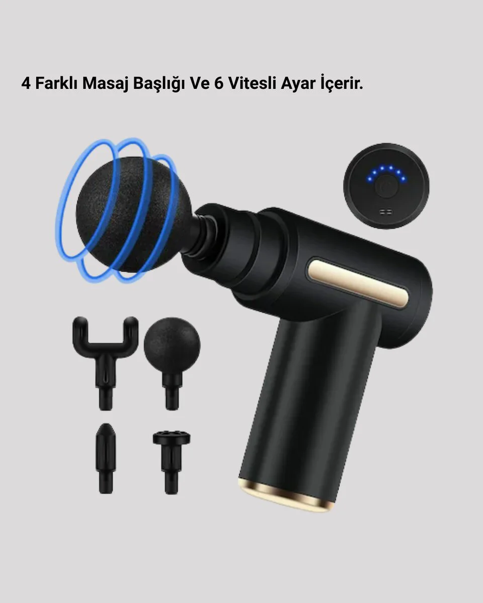 Derin Doku Masaj Tabancası 4 Başlık Kas Gevşetici - Sessiz Motor ve 6 Kademeli Güç