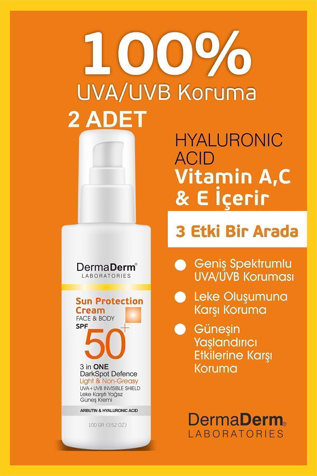 Dermaderm Laboratories Dermaderm Spf 50+ Güneş Kremi 100Ml 2 Adet Ve Dermaderm Güneş Kor