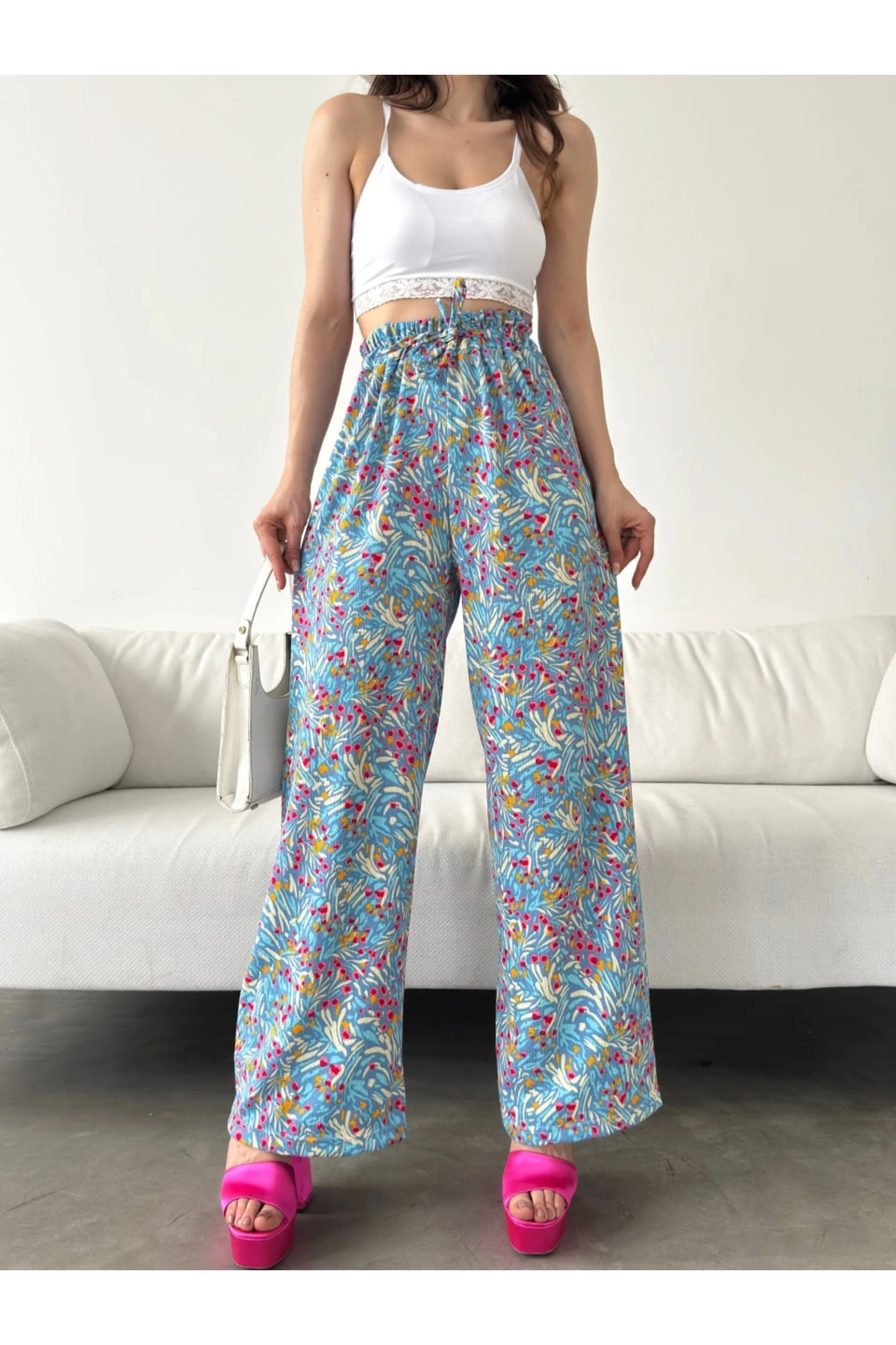 Pavia Desenli Beli Lastikli Bürümcük Pantolon Açik Mavi