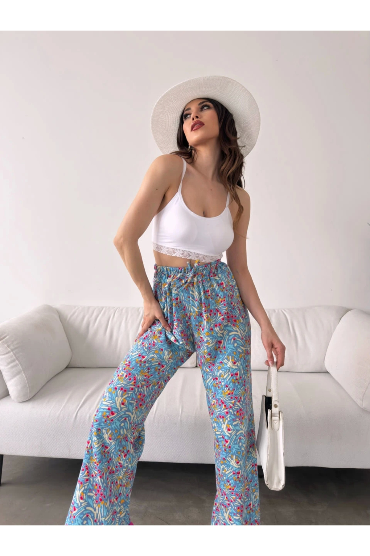 Pavia Desenli Beli Lastikli Bürümcük Pantolon Açik Mavi