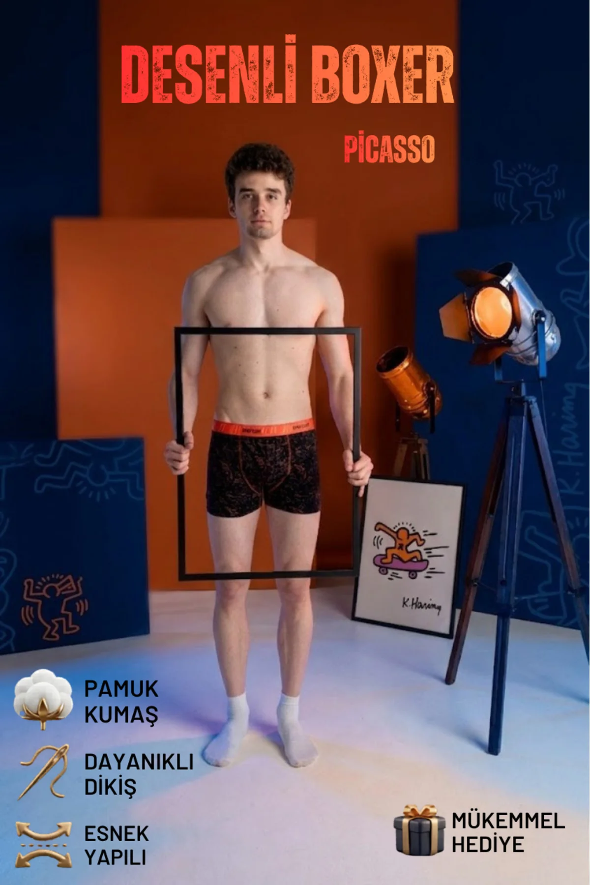 Desenli Boxer Picasso Baskılı Pamuklu Erkek Boxer