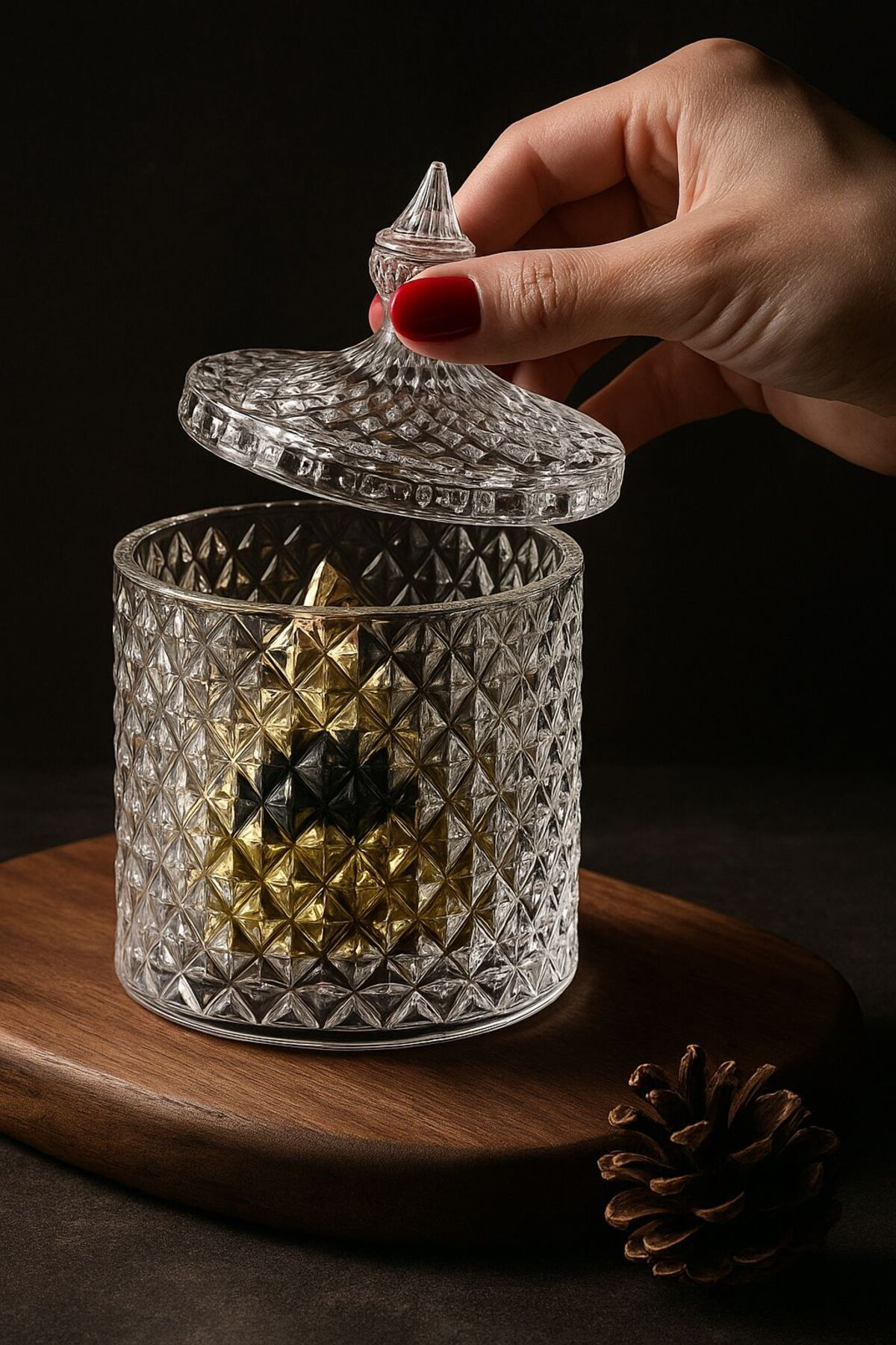 Desenli Cam Kapaklı Lüks Mumluk / Şekerlik 17x10