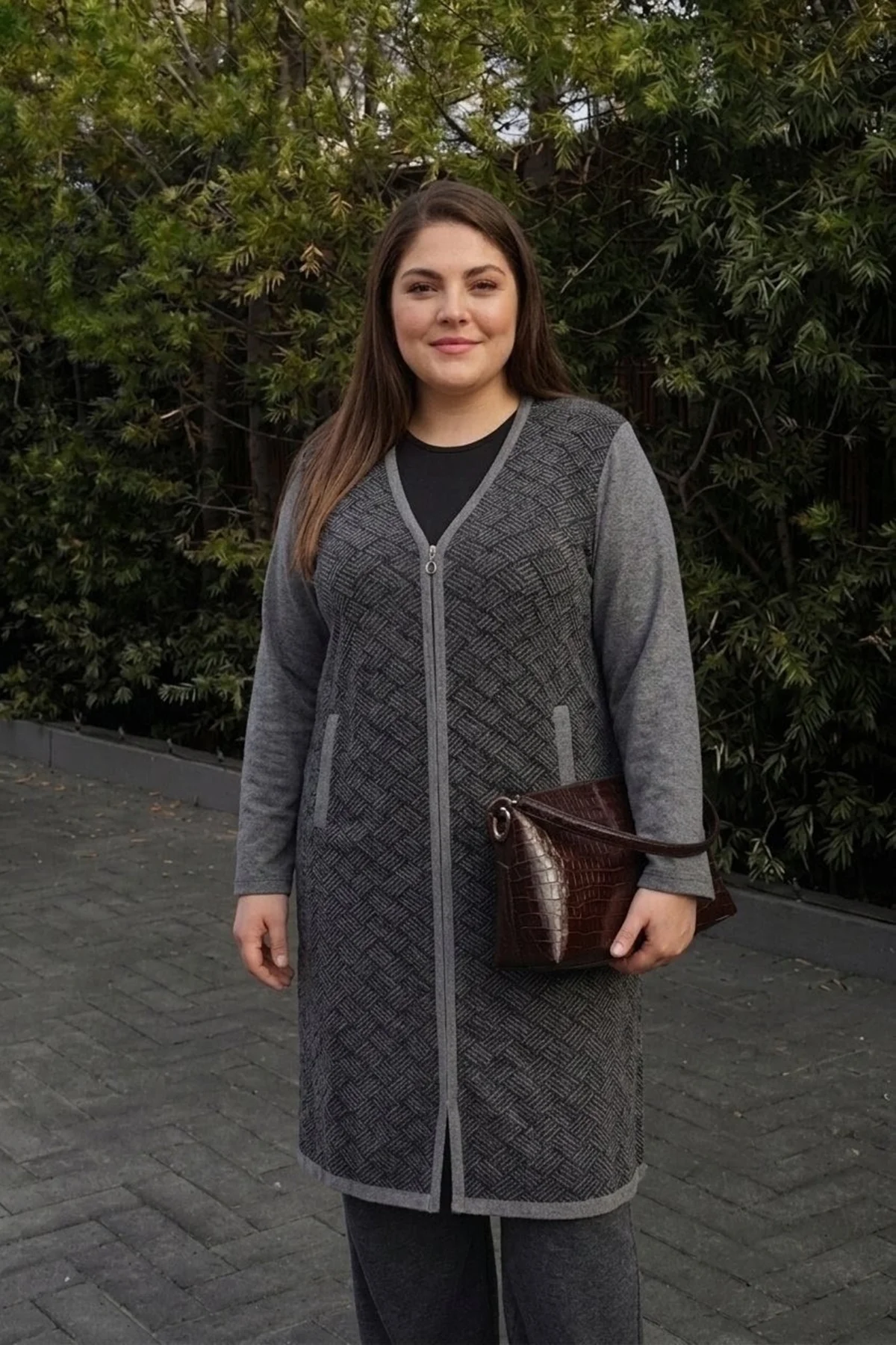 DESENLİ ÇELİK ÖRGÜ TRİKO UZUN KADIN CEKET