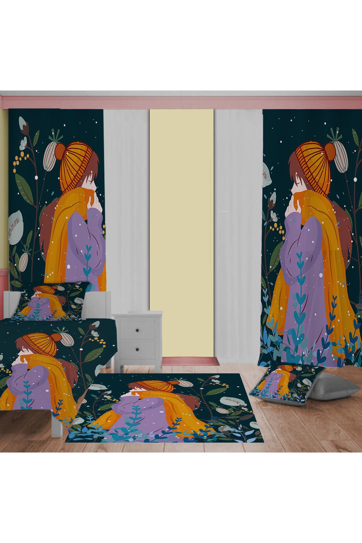 Evan Home Desenli Çocuk Odası Takım Perde (İki Kanat),Yatak Örtüsü,Yastık,Kırlent ,Halı,