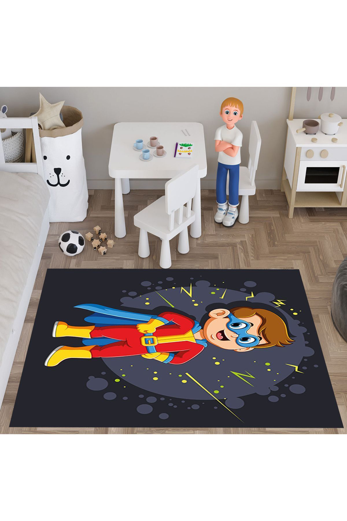 Evan Home Desenli Çocuk Odasi Takim Perde (İki Kanat),Yatak Örtüsü,Yastik,Kirlent ,Hali,Tablo