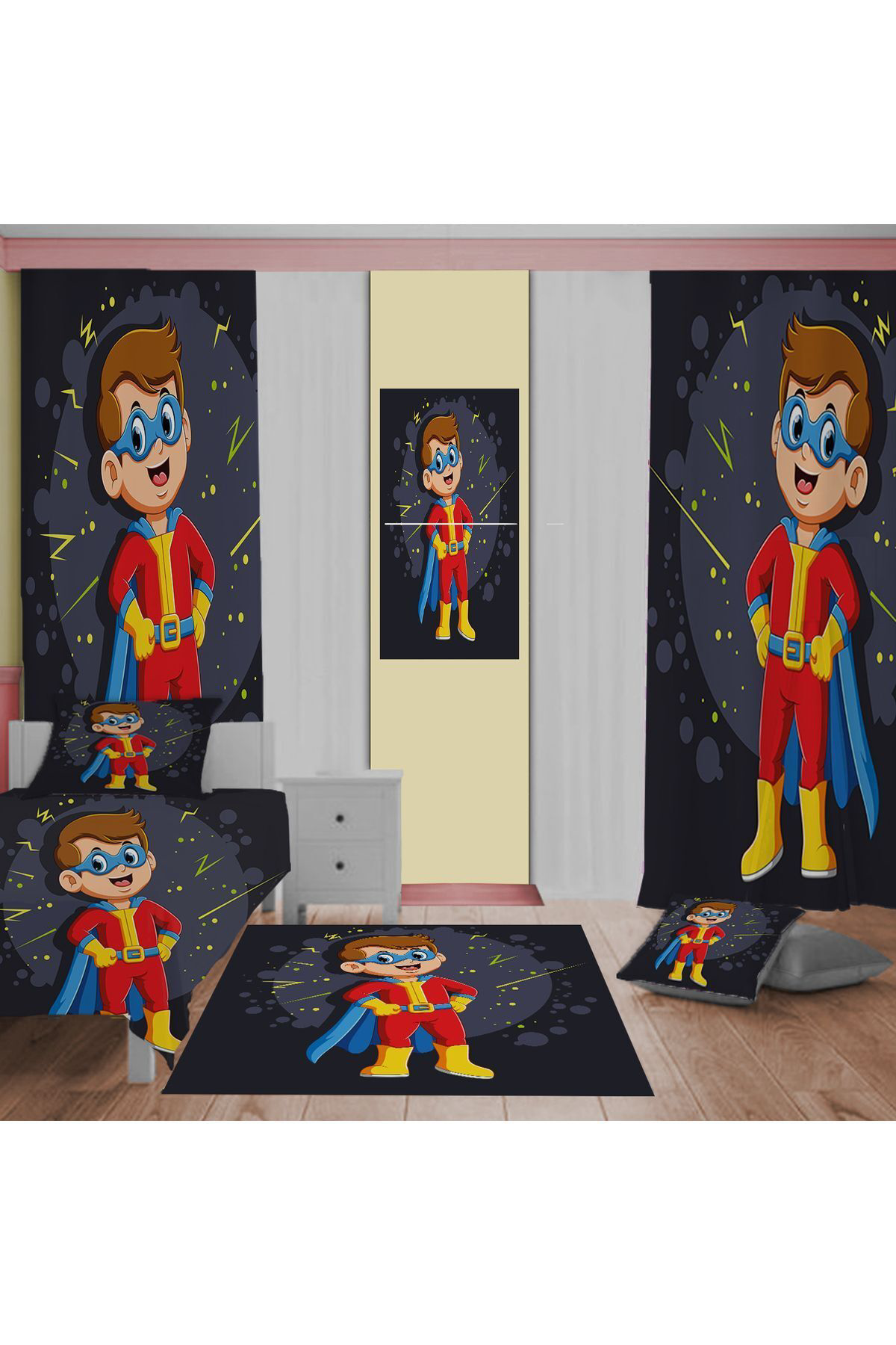 Evan Home Desenli Çocuk Odasi Takim Perde (İki Kanat),Yatak Örtüsü,Yastik,Kirlent ,Hali,Tablo