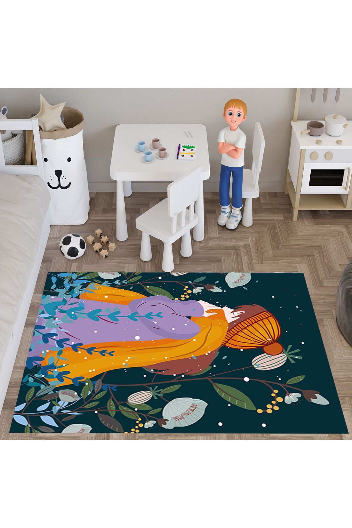 Evan Home Desenli Çocuk Odasi Takim Perde (İki Kanat),Yatak Örtüsü,Yastik,Kirlent ,Hali,Tablo