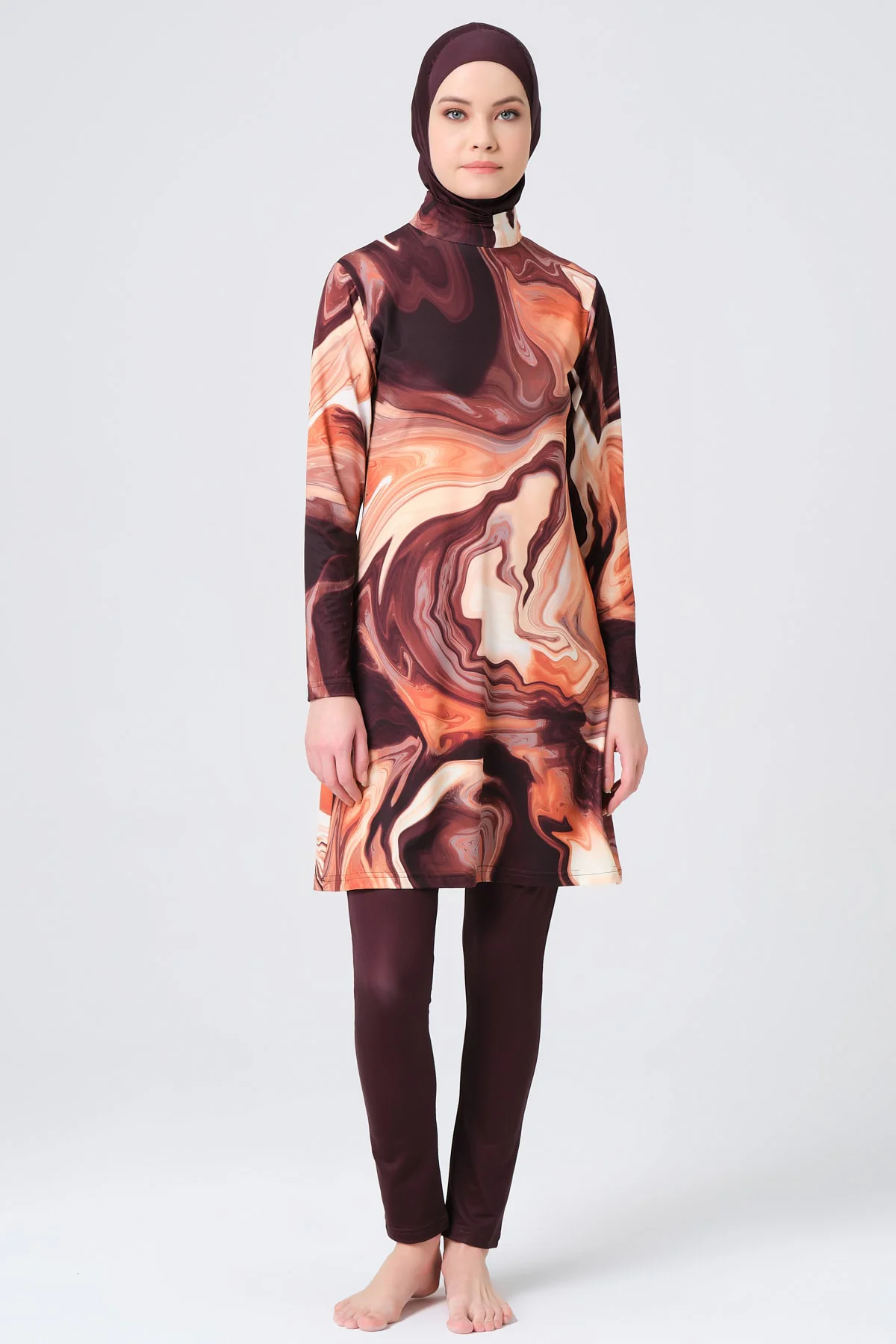 Desenli Dik Yaka Tesettür Mayo