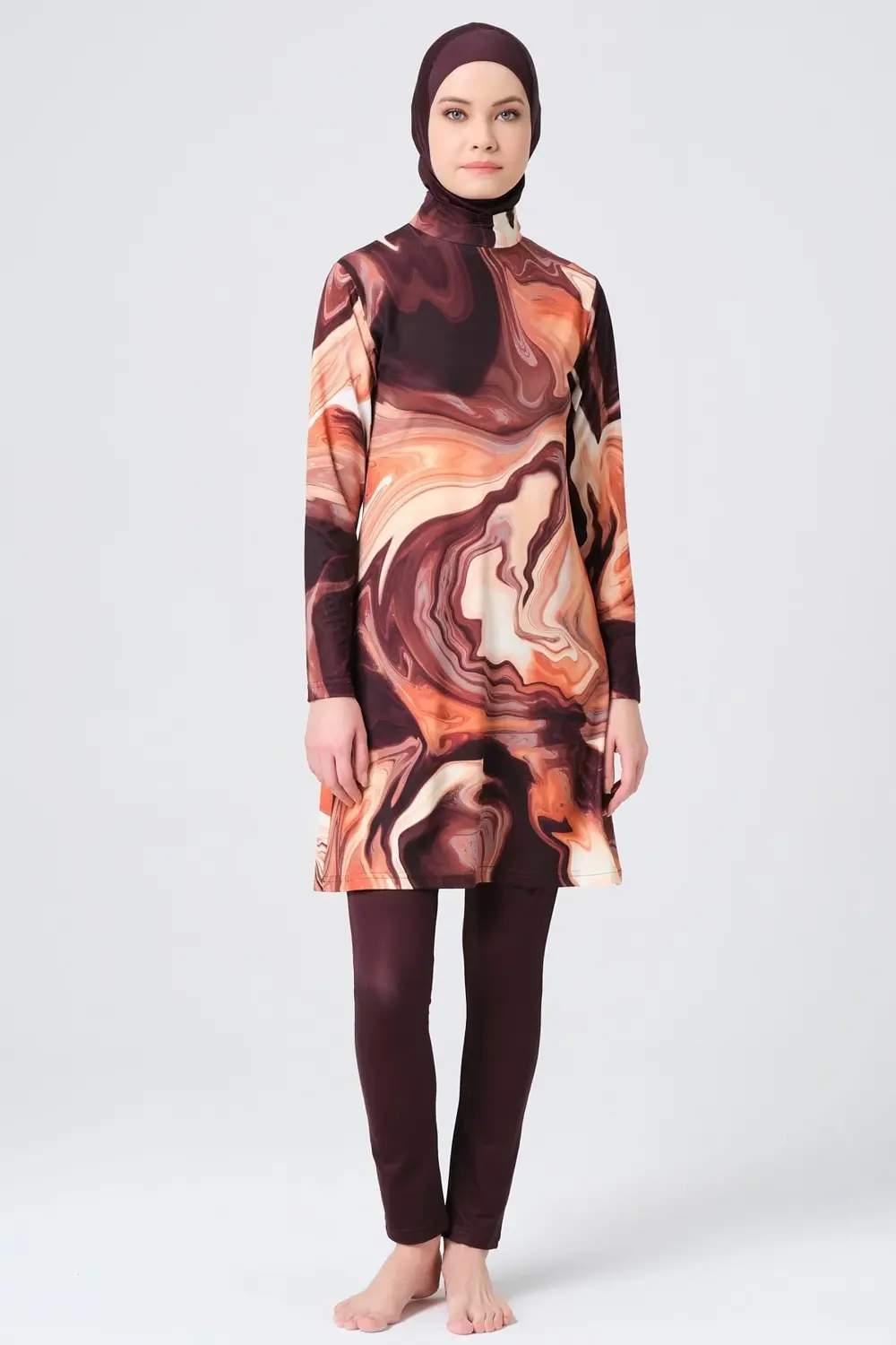 Desenli Dik Yaka Tesettür Mayo