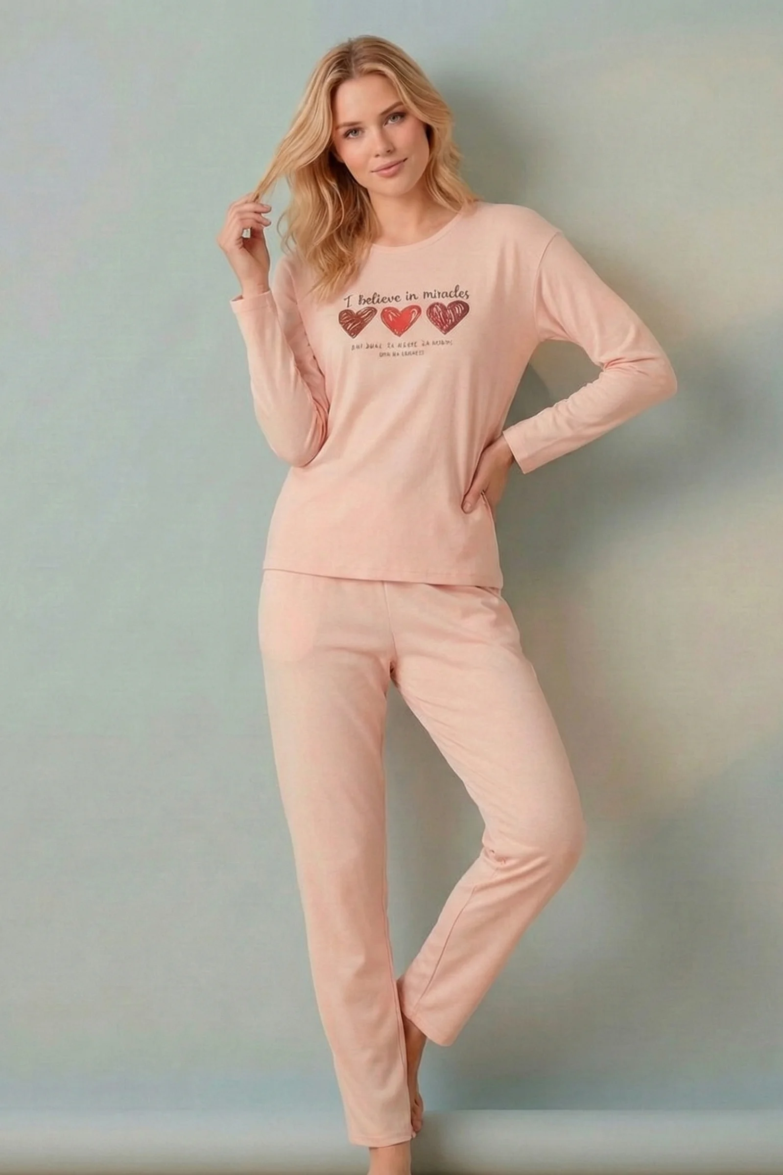 Desenli İki İplik Uzun Kollu Kışlık Örme Kadın Pijama Takımı, Somon, XL Desenli İki İplik Uzun Kollu Kışlık Örme Kadın Pijama Takımı, Somon, XL