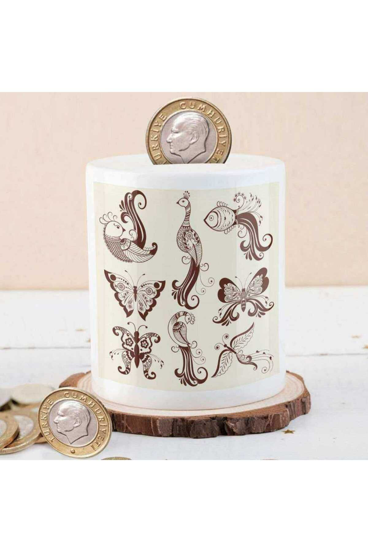 Cnpromosyon Desenli Kelebekler Ve Kuş Silüeti Para Birikim Kumbarasi-468