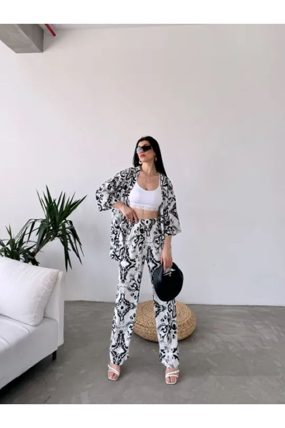 Etnik Desenli Kimono Ve Pantolon İkili Takım