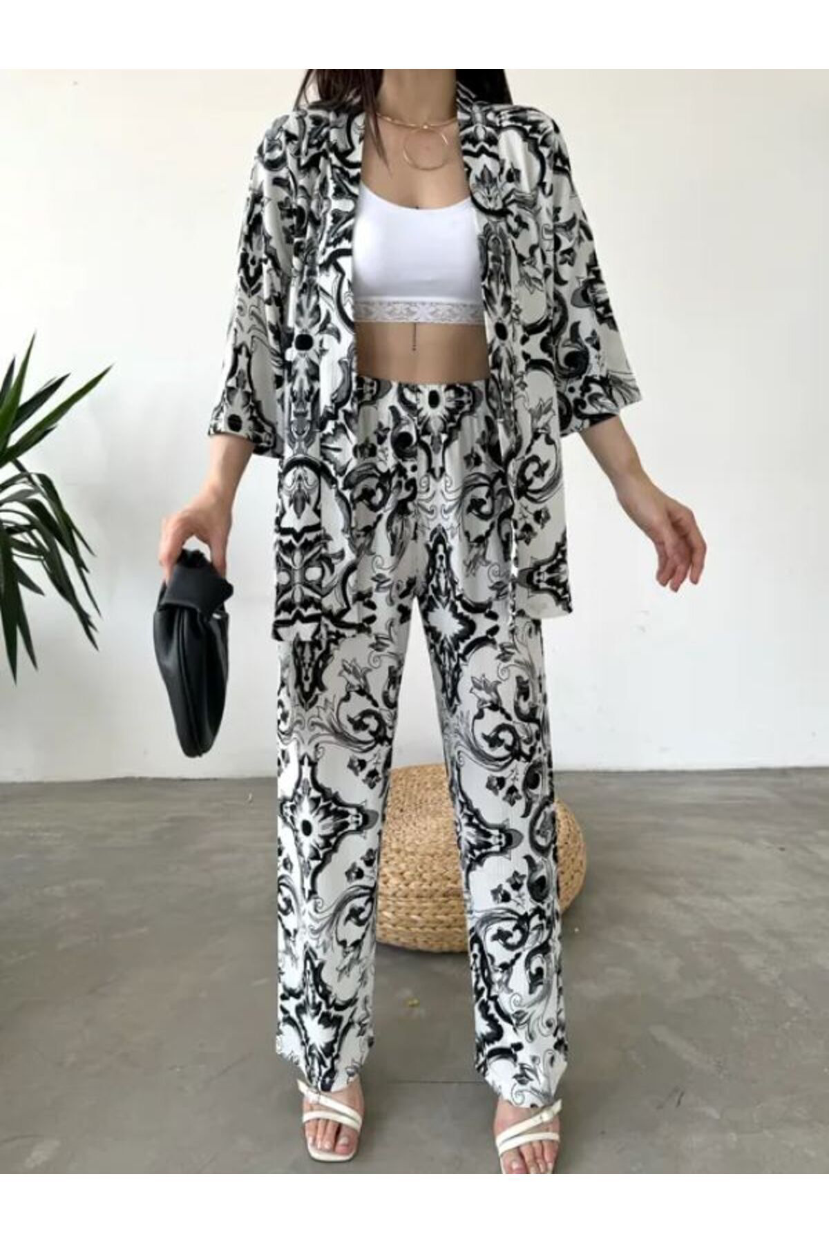 Etnik Desenli Kimono Ve Pantolon İkili Takım