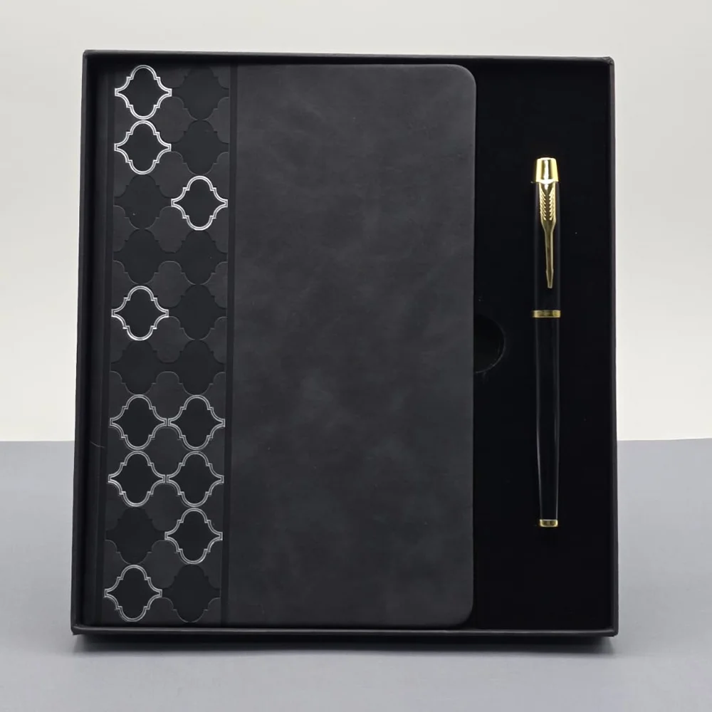 Desenli Siyah Deri Defter Kalem Set