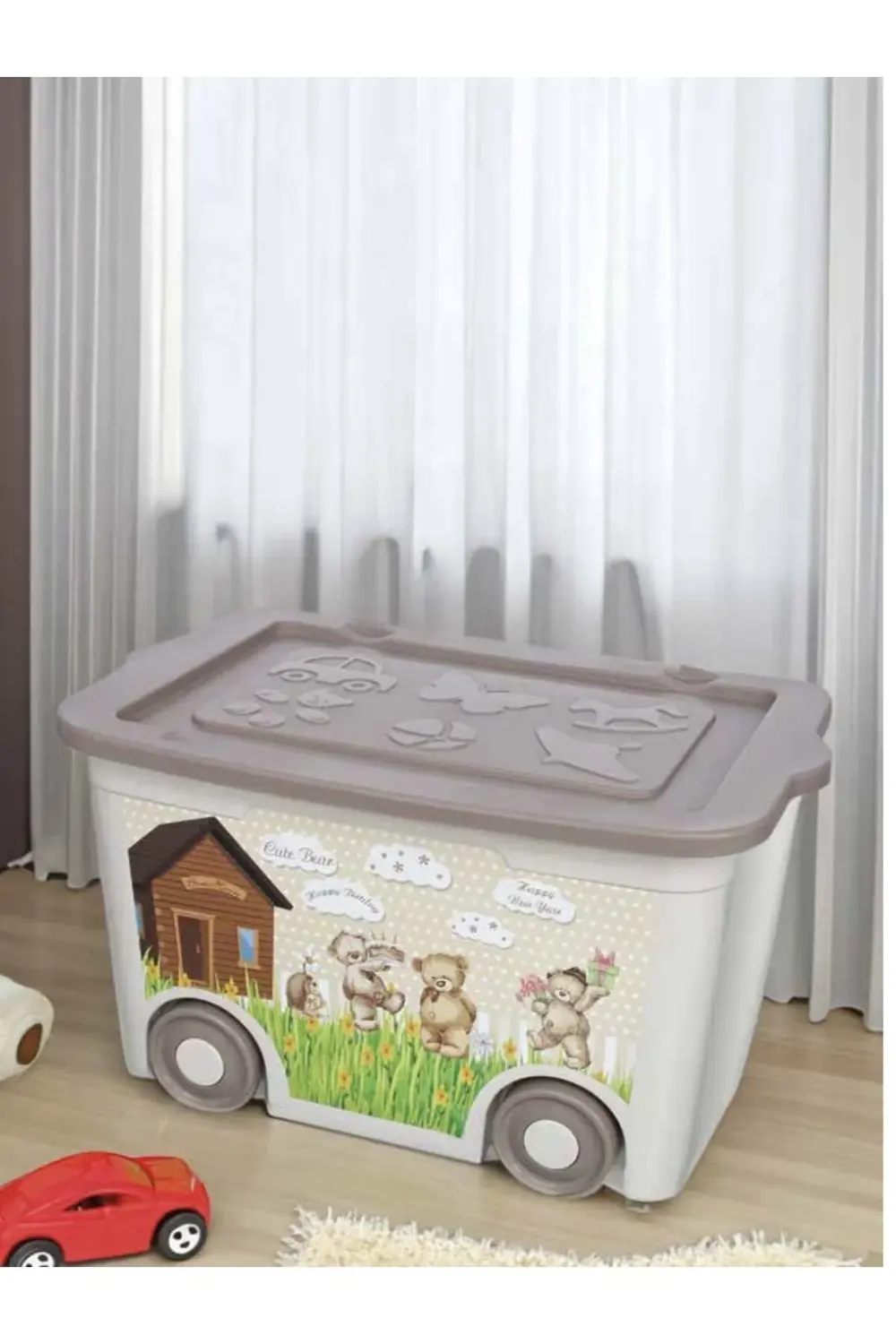 Desenli tekerlekli oyuncak kutusu