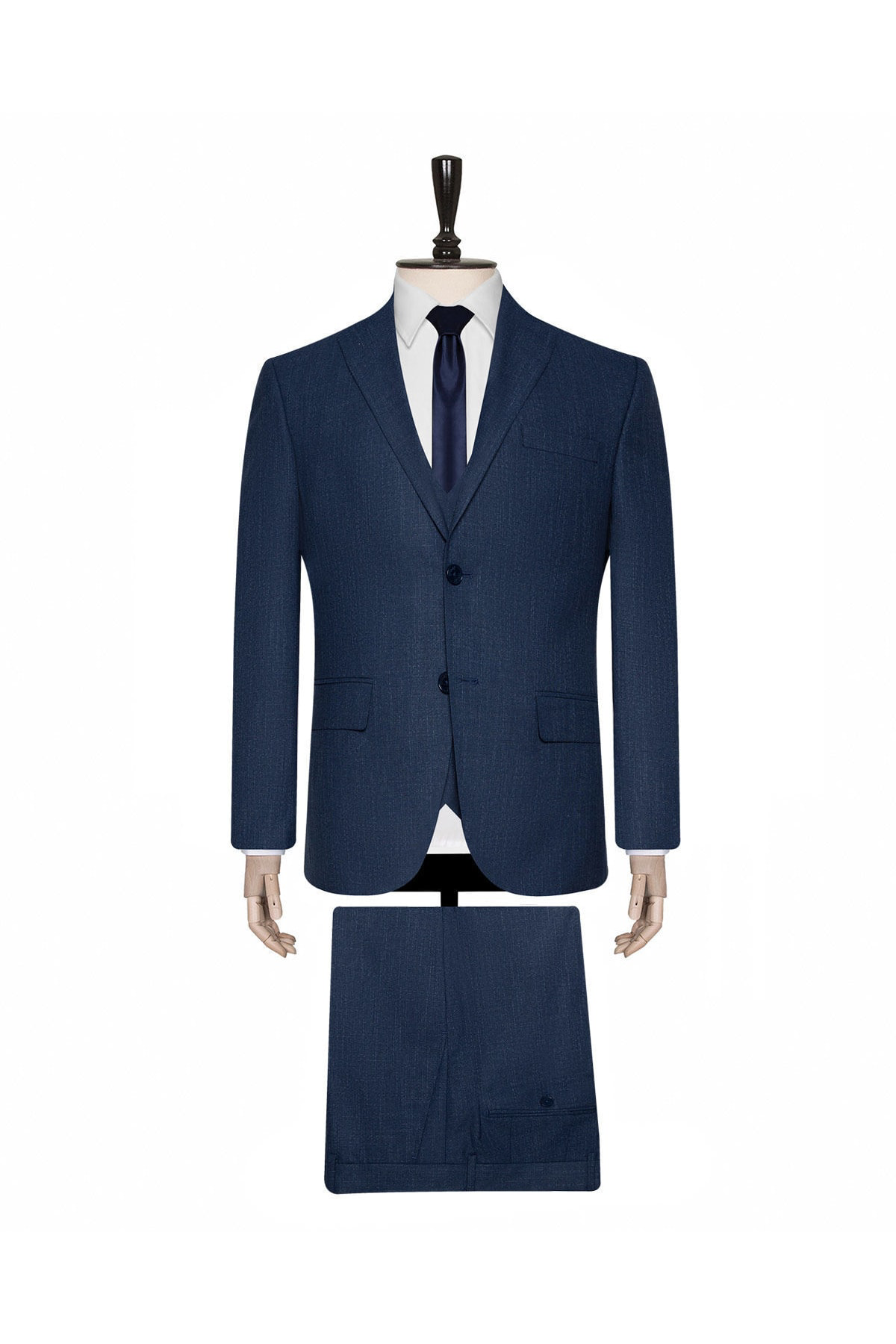 Süvari Desenli Yelekli Koyu Mavi Slim Fit Takım Elbise