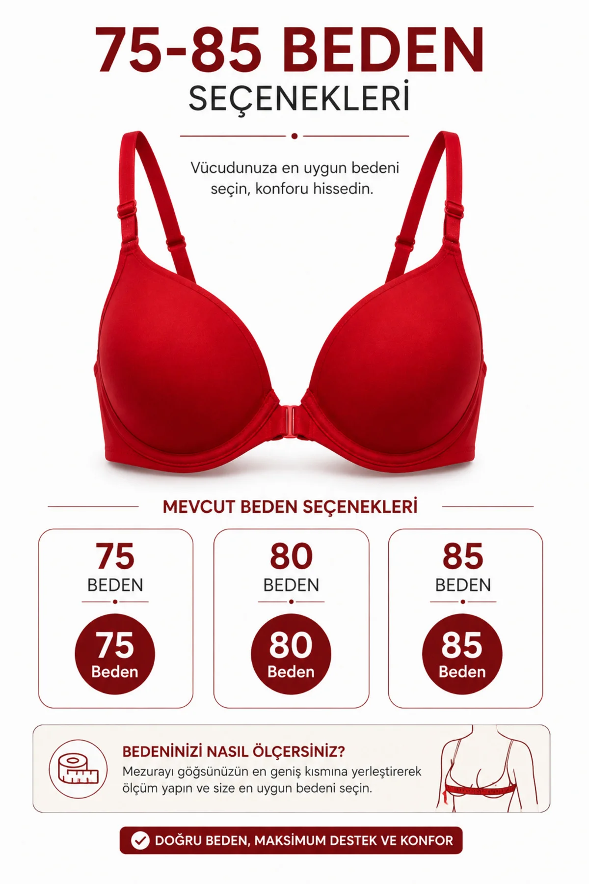 Destekli Çift Dolgulu Kırmızı Sütyen Push Up Kadın Sütyen