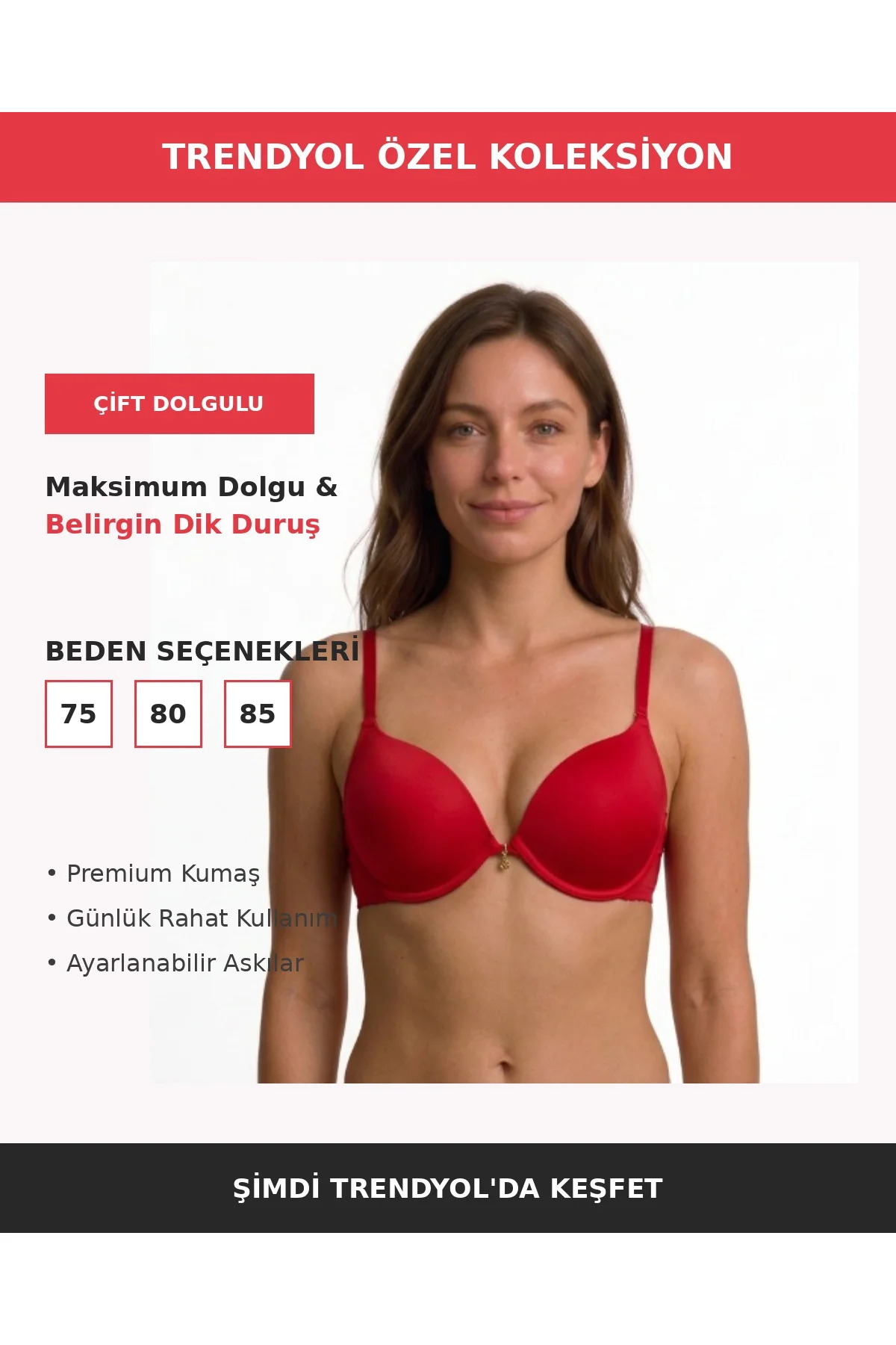 Destekli Çift Dolgulu Kırmızı Sütyen Push Up Kadın Sütyen