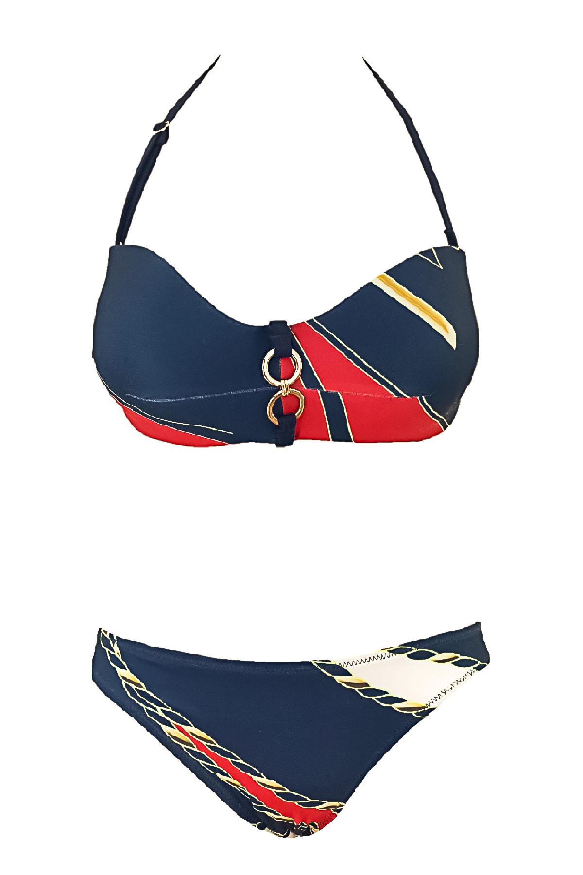 Blackspade Desteksiz Balensiz Straplez Bikini Takimi Marine Desenli Lacivert