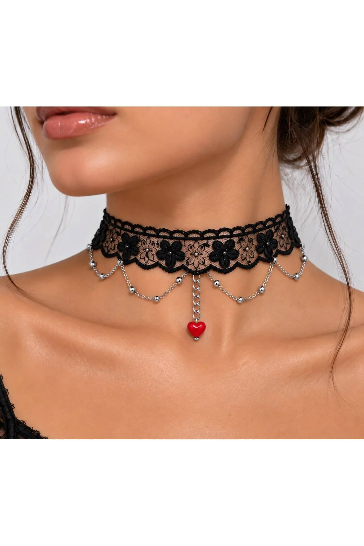 DETAYLI SİYAH DANTEL ZİNCİRLİ GOTİK CHOKER KOLYE DETAYLI SİYAH DANTEL ZİNCİRLİ GOTİK CHOKER KOLYE