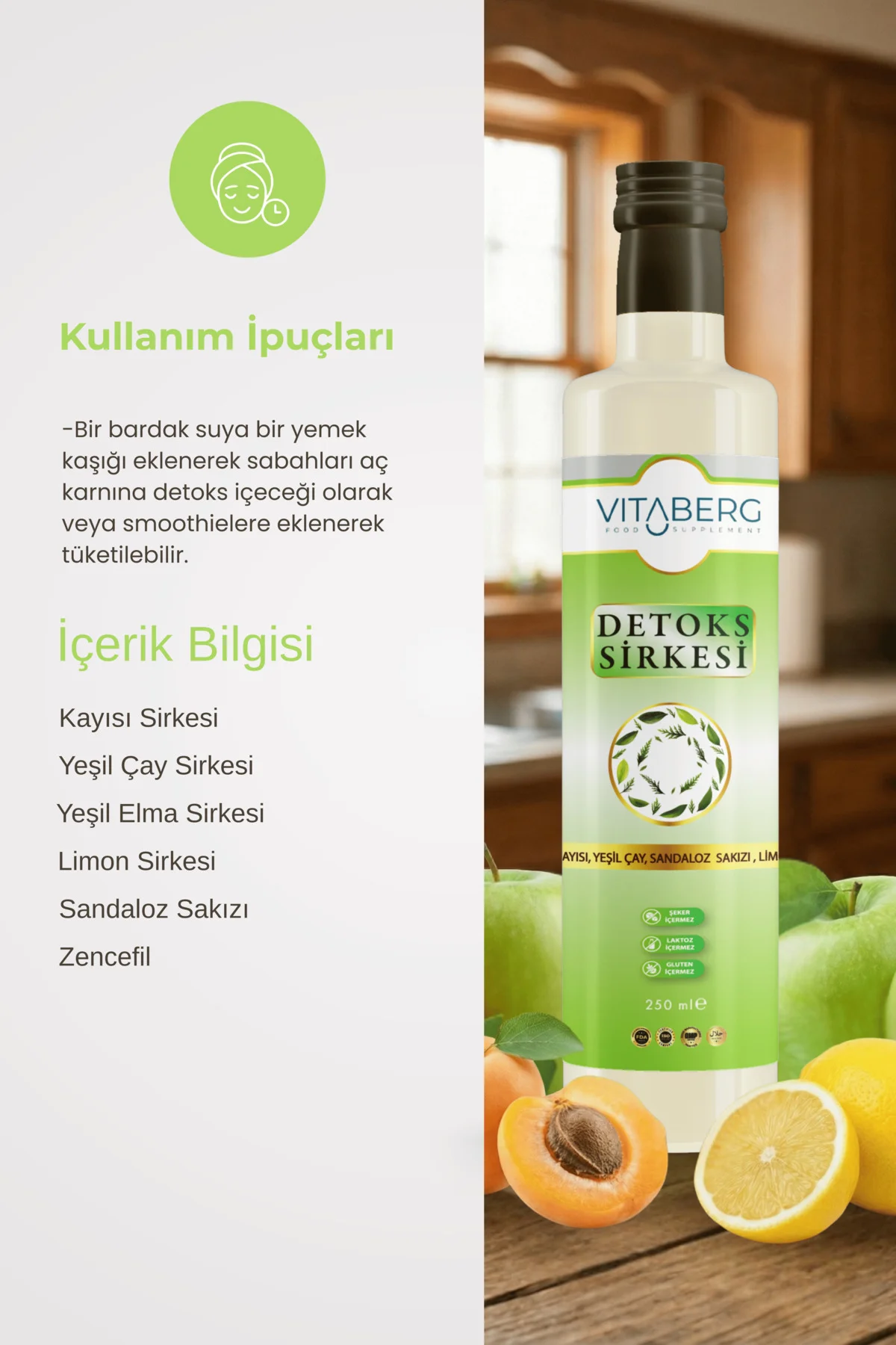 Detoks Sirkesi | Kayısı, Yeşil Çay ve Bitkisel Ekstrakt İçeren Ka