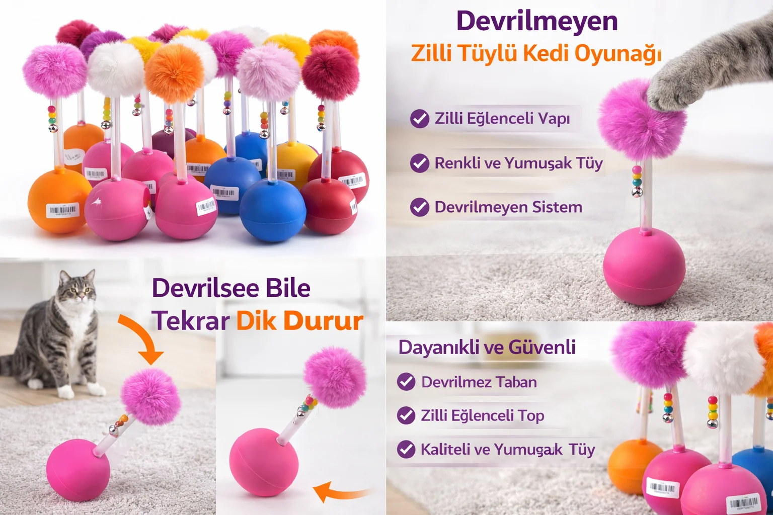 Dev Hacıyatmaz Devrilmeyen Kedi Oyuncağı XXL 33 CM Tüylü Zilli Oy