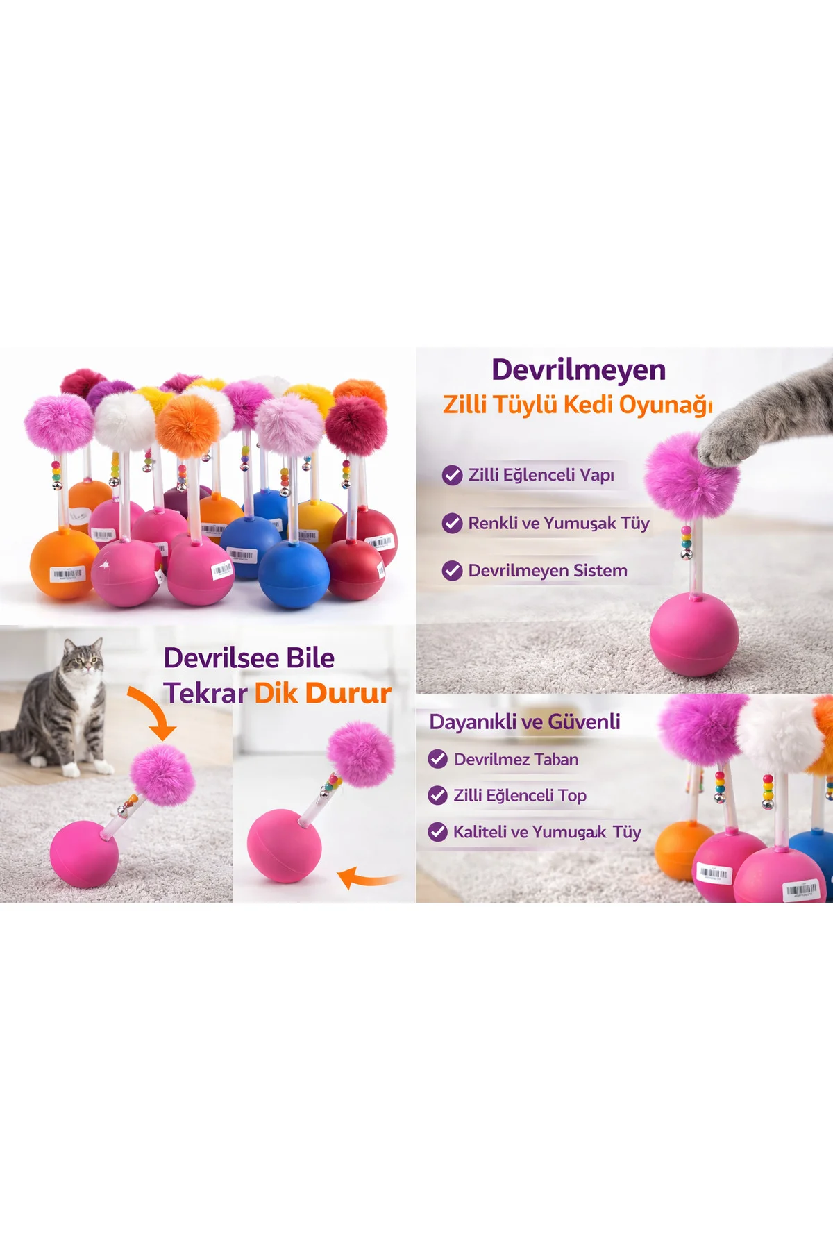 Dev Hacıyatmaz Devrilmeyen Kedi Oyuncağı XXL 33 CM Tüylü Zilli Oy