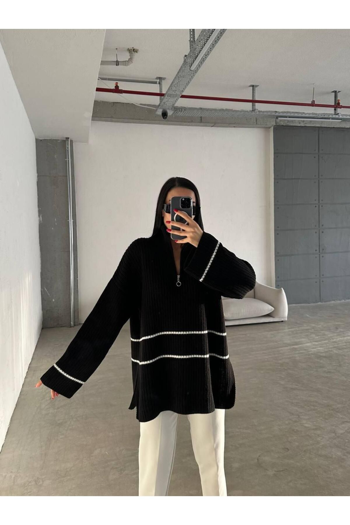 Nzl Tekstil Dgn's Çizgili&Yirtmaçli Kadin Tesettür Kazak