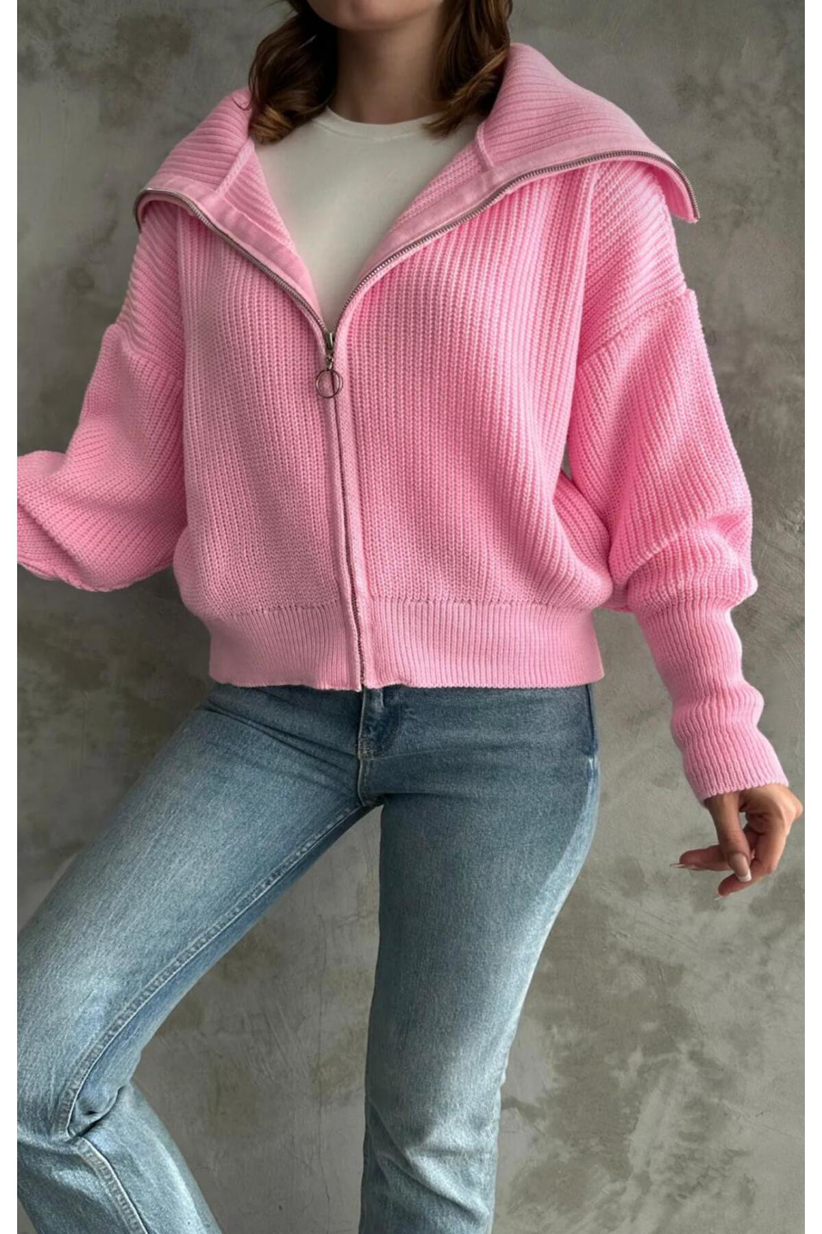 Nzl Tekstil Dgn's Devrik Yaka Fermuarli Kol Uçlari Dar Kadin Triko Hirka - Ce