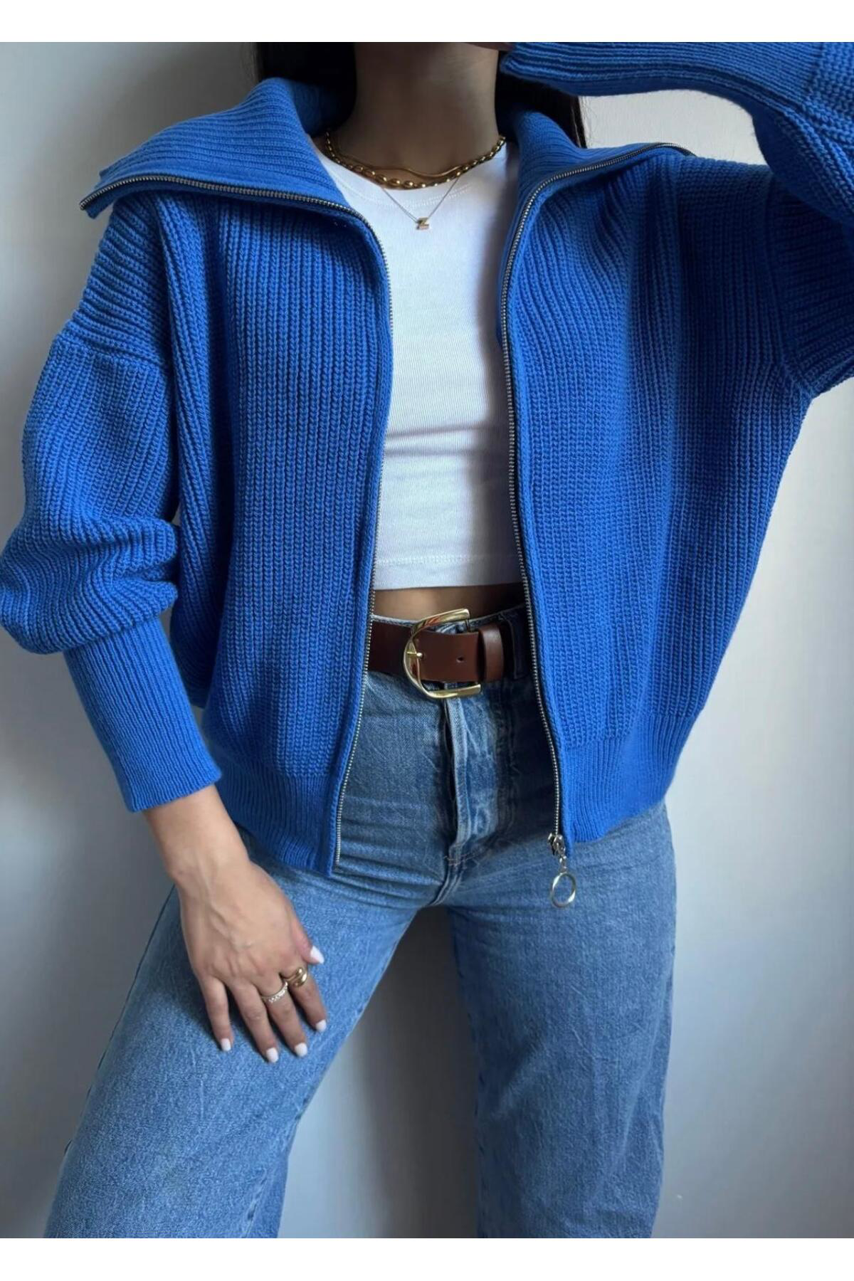 Diğer Marka Dgn's Devrik Yaka Fermuarli Kol Uçlari Dar Kadin Triko Hirka - Ce