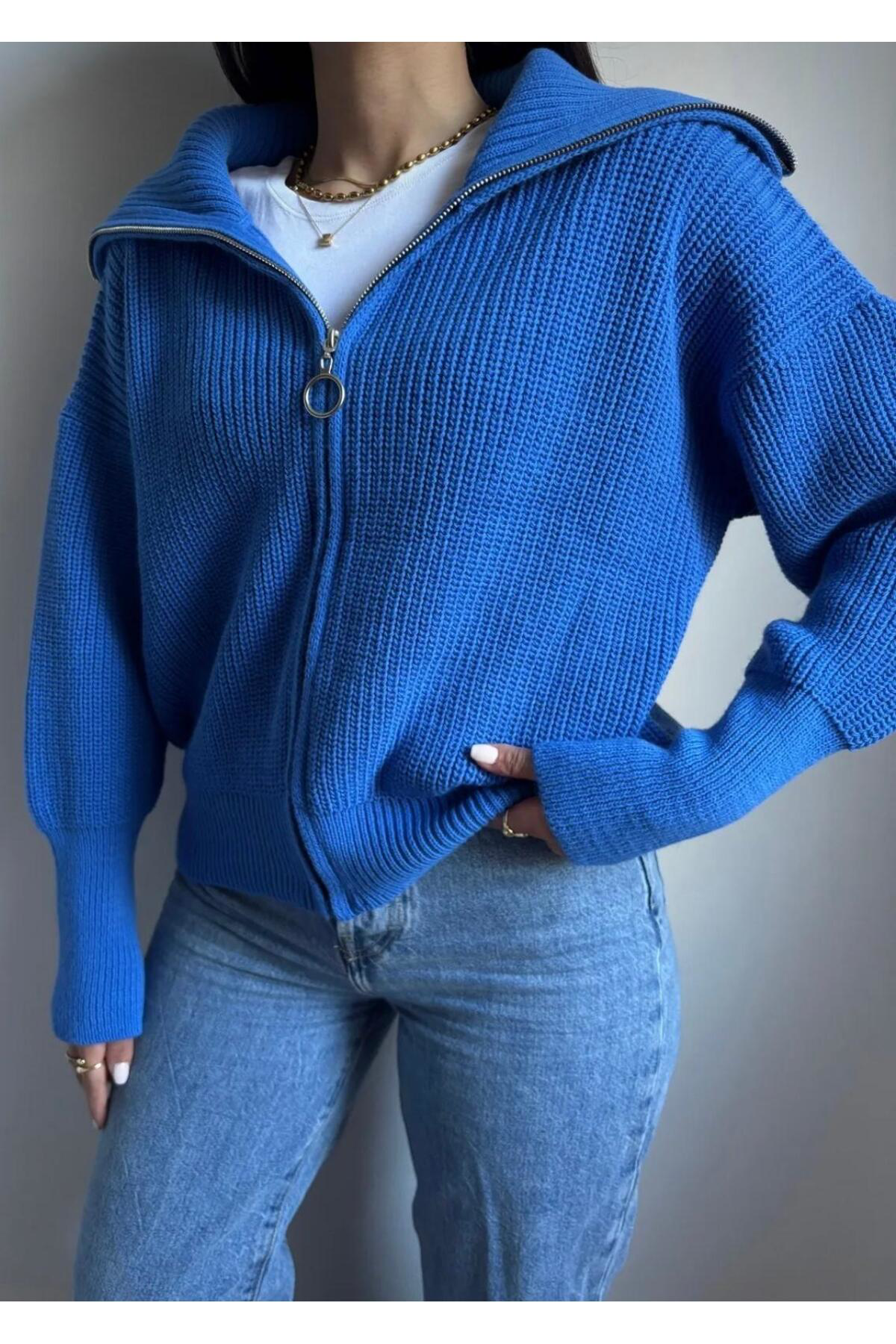 Diğer Marka Dgn's Devrik Yaka Fermuarli Kol Uçlari Dar Kadin Triko Hirka - Ce