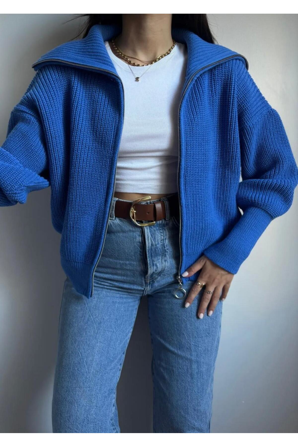 Diğer Marka Dgn's Devrik Yaka Fermuarli Kol Uçlari Dar Kadin Triko Hirka - Ce