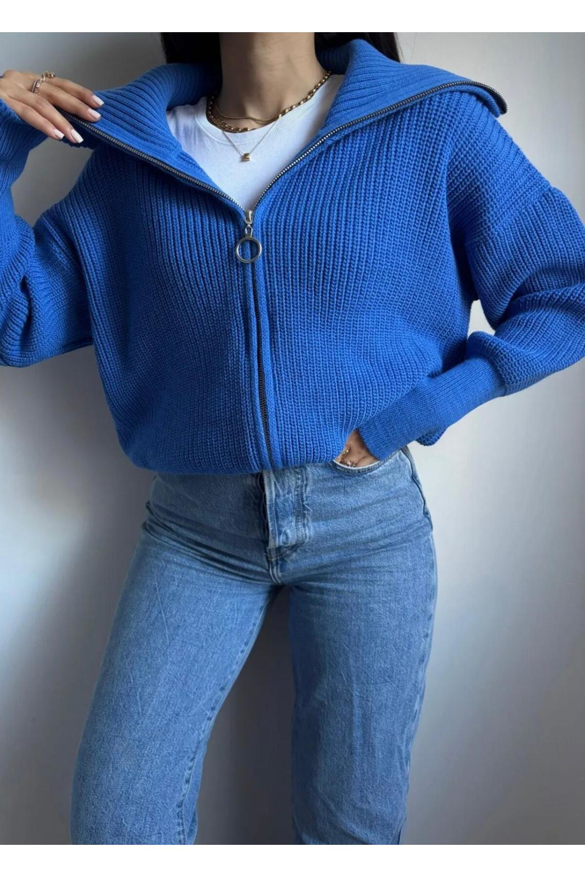 Diğer Marka Dgn's Devrik Yaka Fermuarli Kol Uçlari Dar Kadin Triko Hirka - Ce