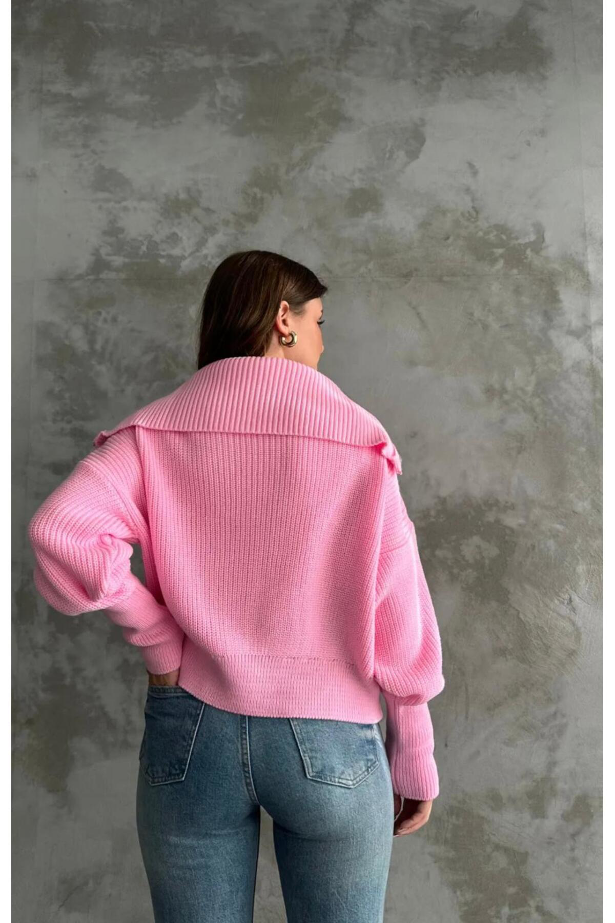 Nzl Tekstil Dgn's Devrik Yaka Fermuarli Kol Uçlari Dar Kadin Triko Hirka - Ce