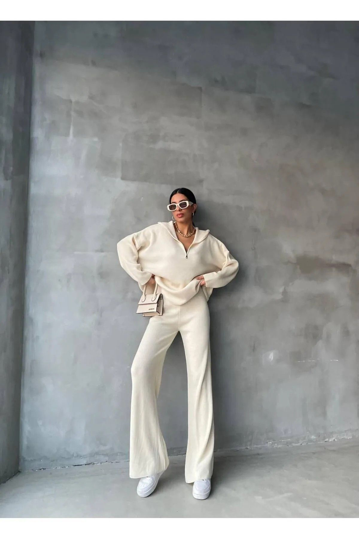 Nzl Tekstil Dgn's Fermuar Detayli Fitilli 2'Li Oversize Kazak-Pantolon Takim